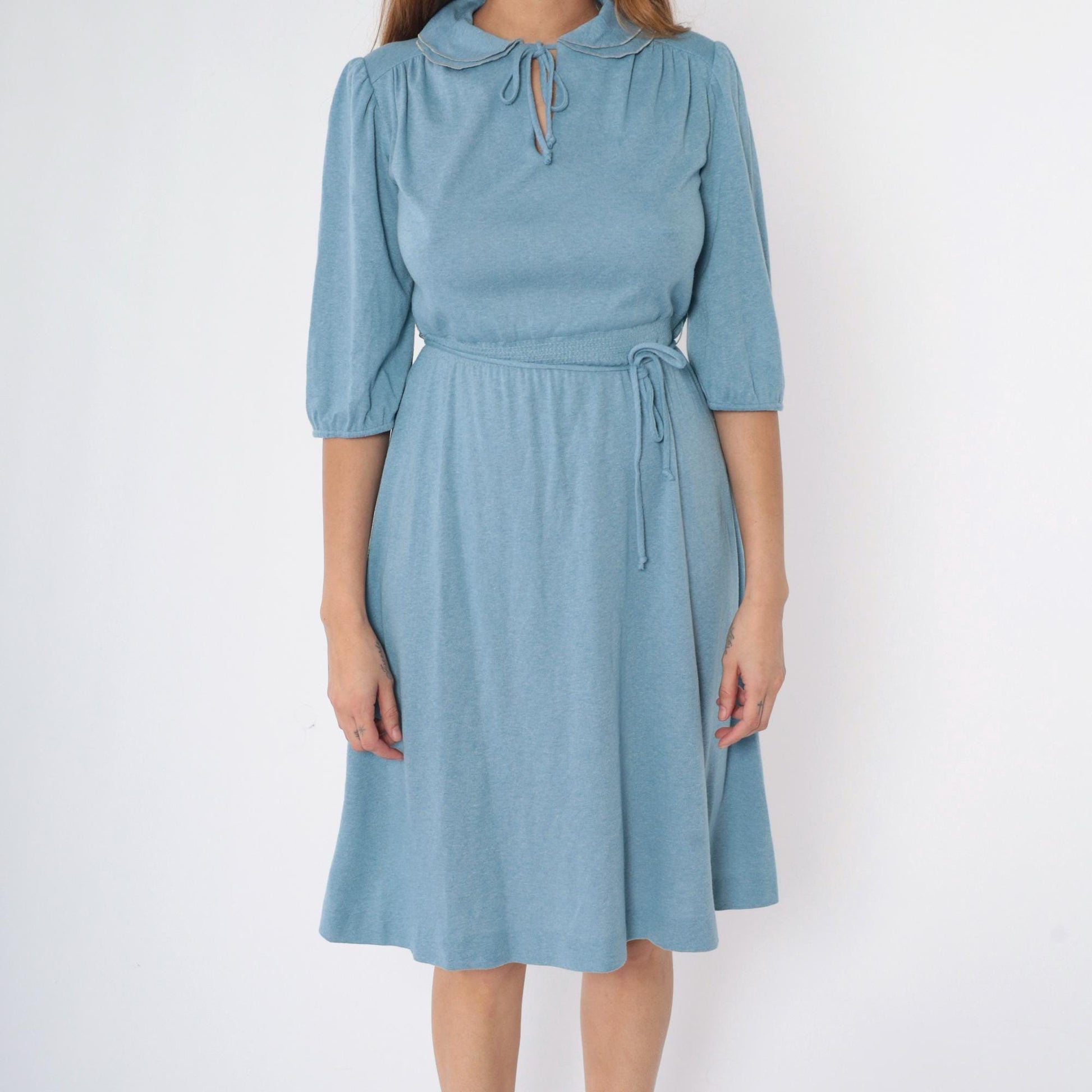 70s Monique Blue Midi Dress Peter Pan Collar Puff Sleeve Smocked Waist Small