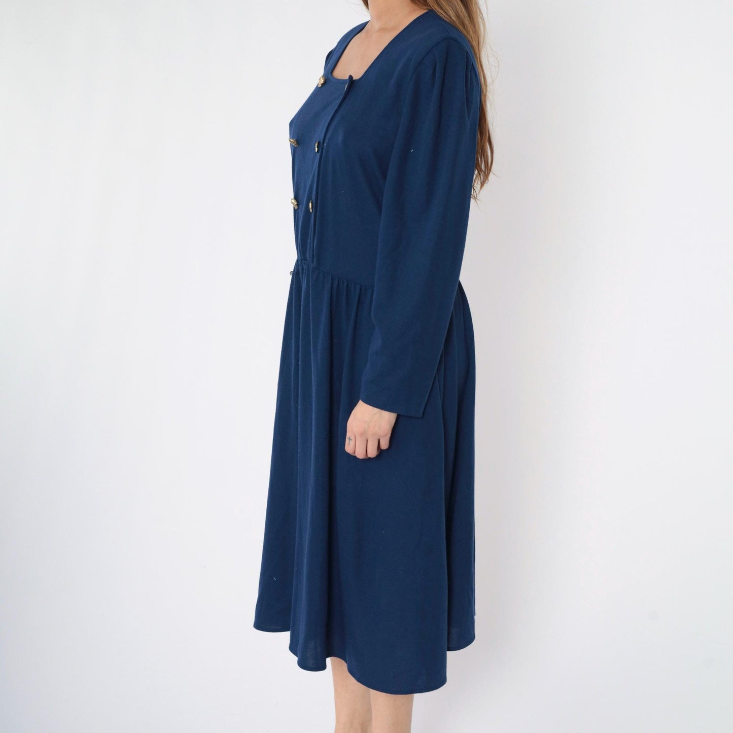 80s Tabby of California Navy Double Breasted Midi Shirtdress Puff Sleeve Medium Large
