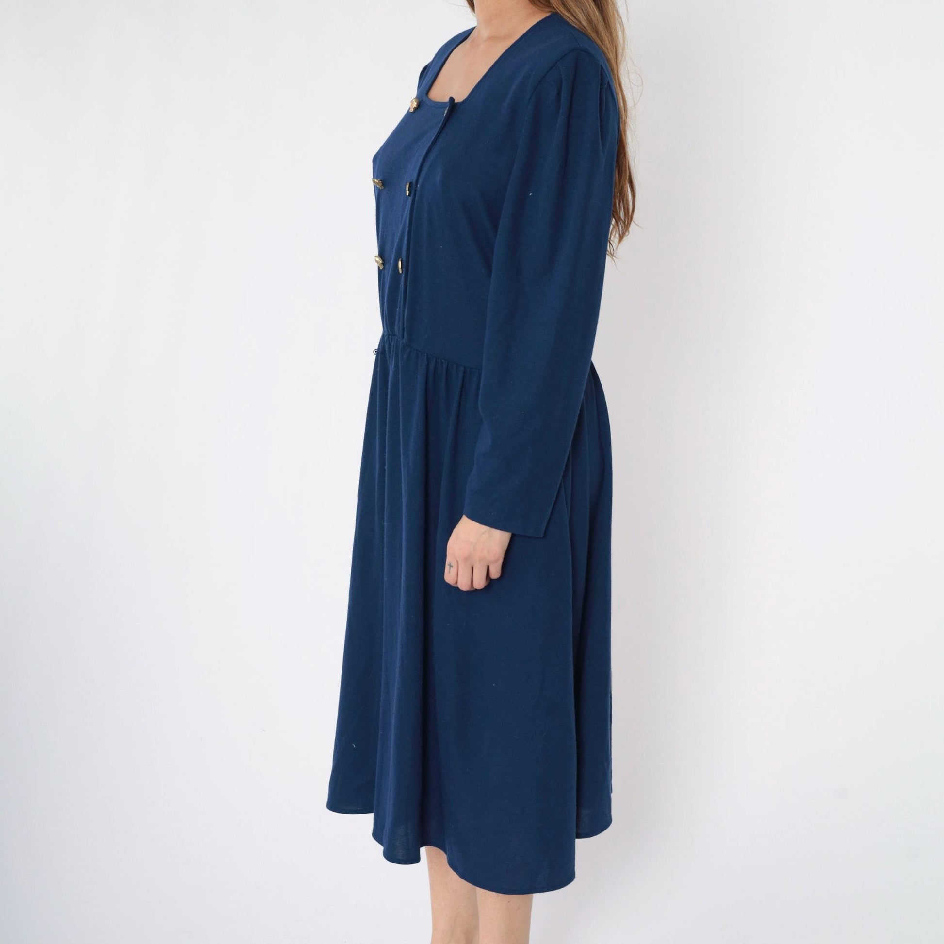 80s Tabby of California Navy Double Breasted Midi Shirtdress Puff Sleeve Medium Large