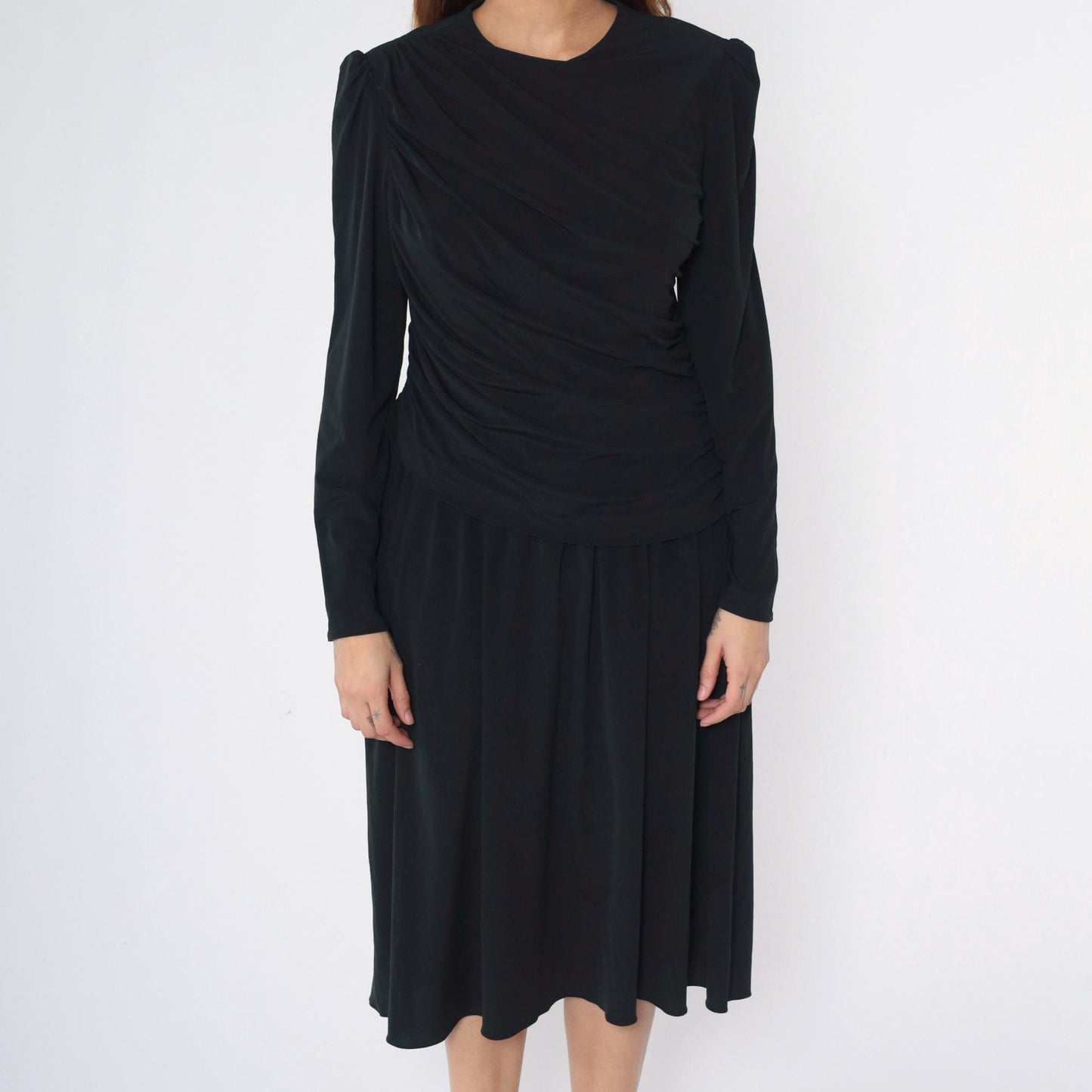 80s Saks Fifth Avenue Black Midi Dress Puff Sleeve Draped Ruched Medium