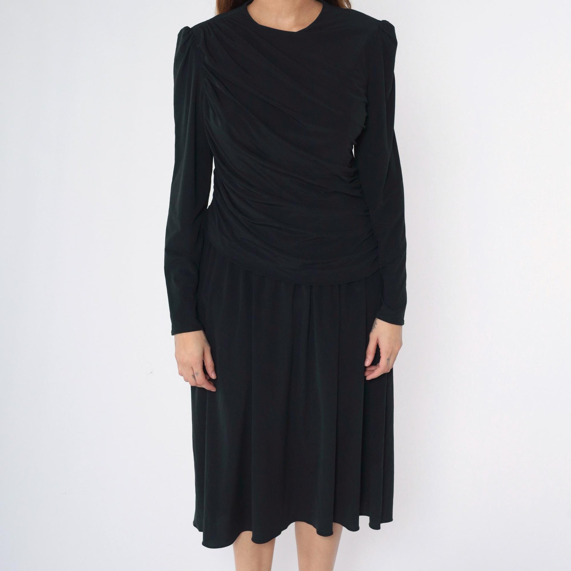 80s Saks Fifth Avenue Black Midi Dress Puff Sleeve Draped Ruched Medium