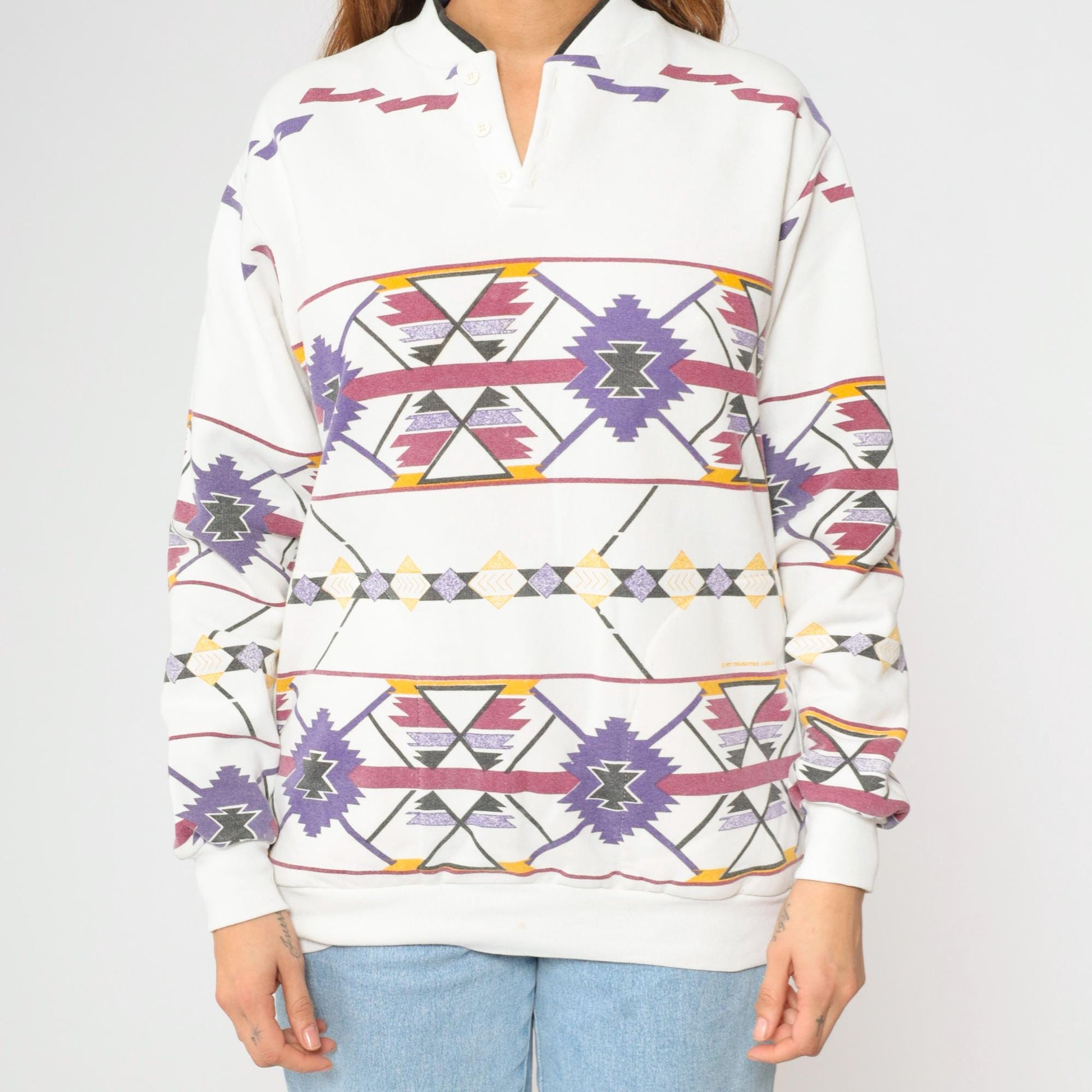 90s Southwestern Print Sweatshirt White Henley Neckline Medium M