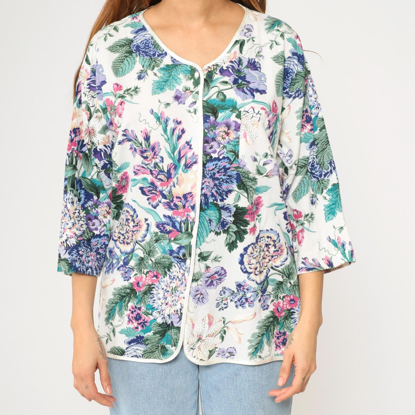 90s Earth Angels Floral Cotton Blouse White Purple Blue Green Piped Trim Large