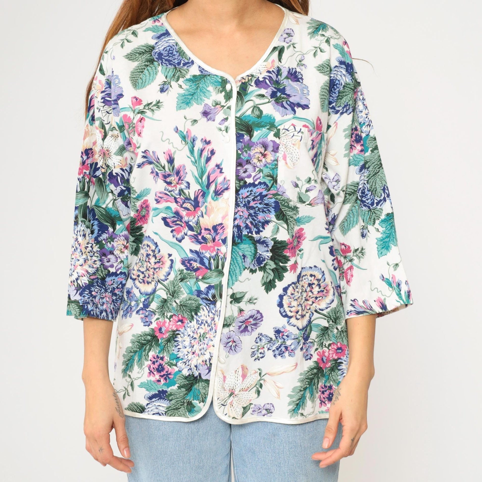 90s Earth Angels Floral Cotton Blouse White Purple Blue Green Piped Trim Large