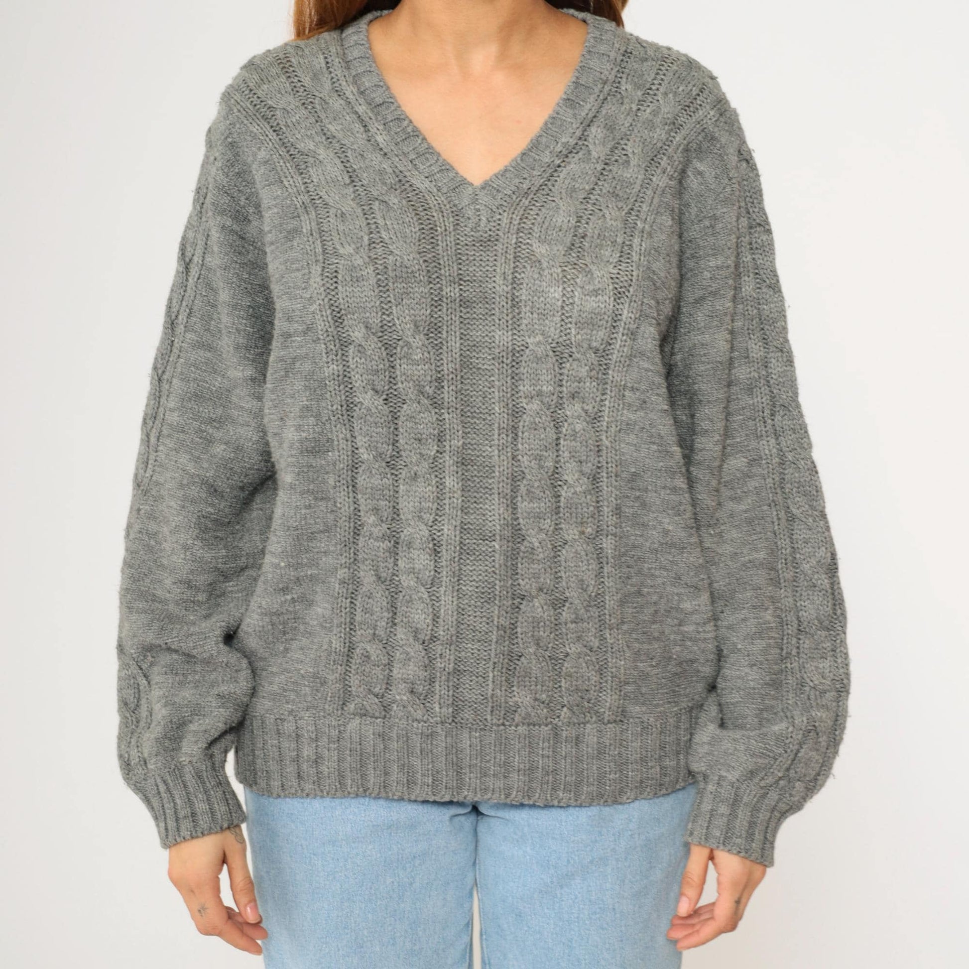 80s Campus Cable Knit V-Neck Sweater Grey Acrylic Pullover Medium M