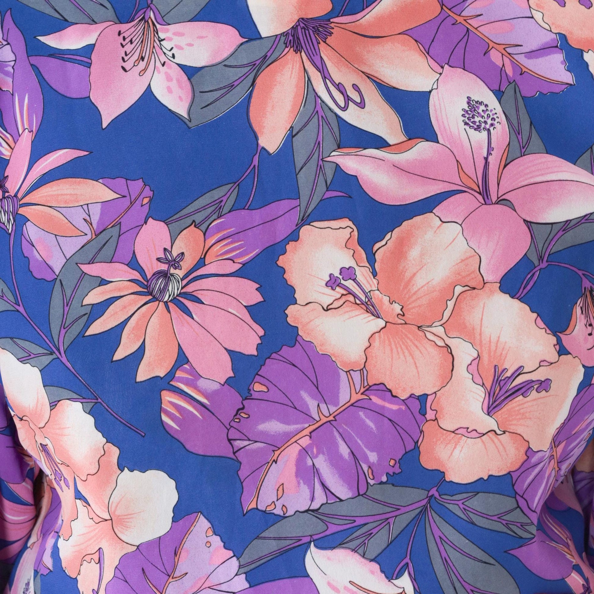 80s Tropical Floral Midi Dress Purple Hibiscus Print Puff Sleeve Tie Waist Medium