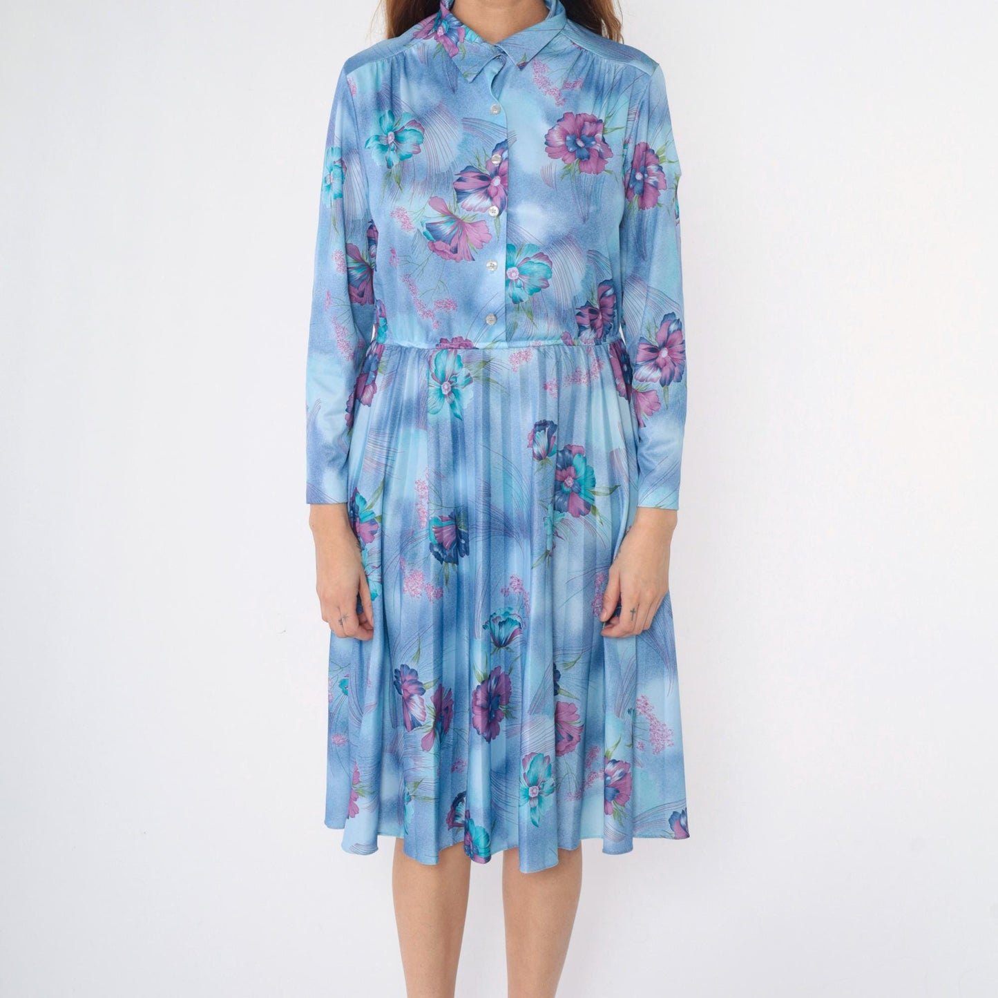 70s Sears Floral Midi Shirt Dress Blue High Waist Pleated Medium