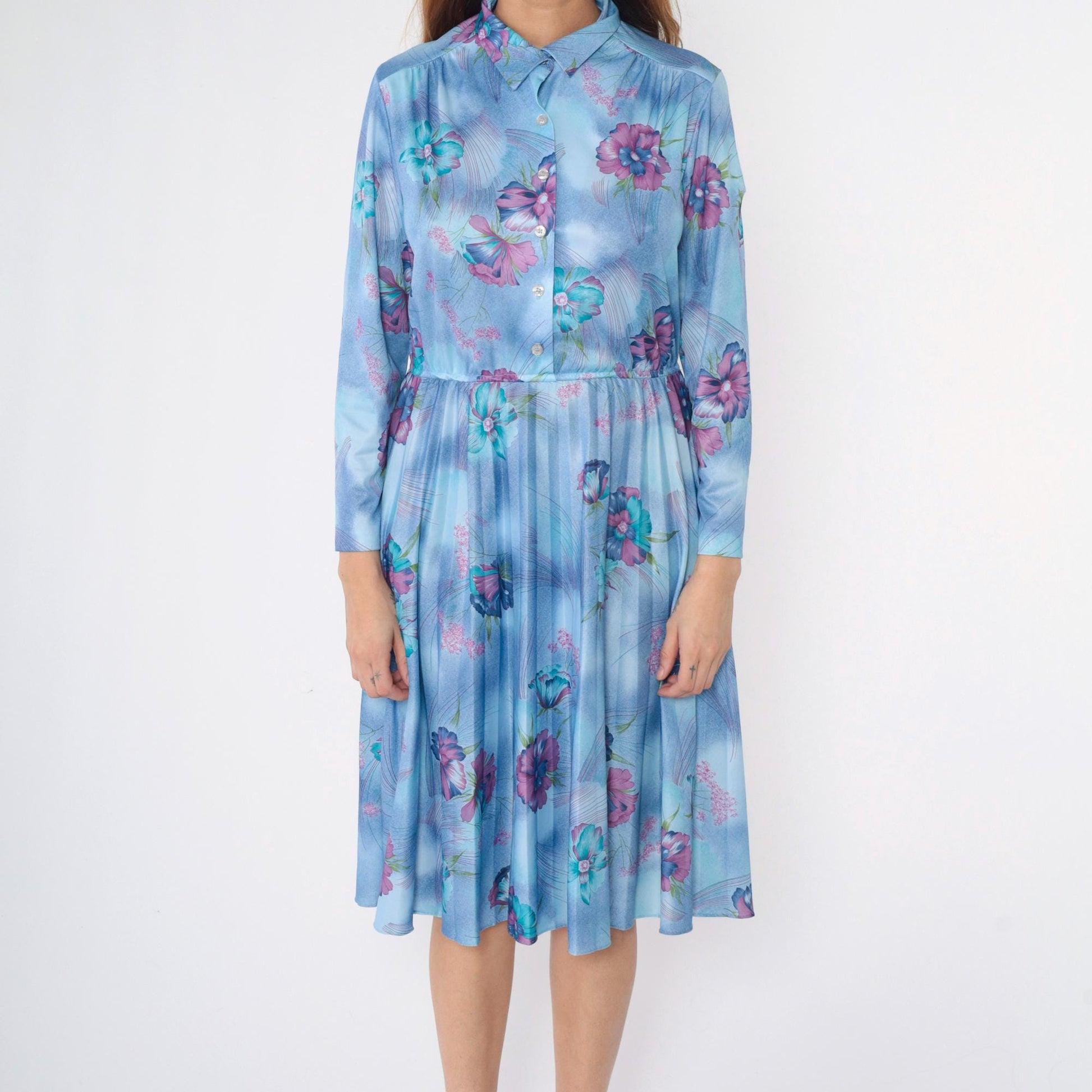 70s Sears Floral Midi Shirt Dress Blue High Waist Pleated Medium