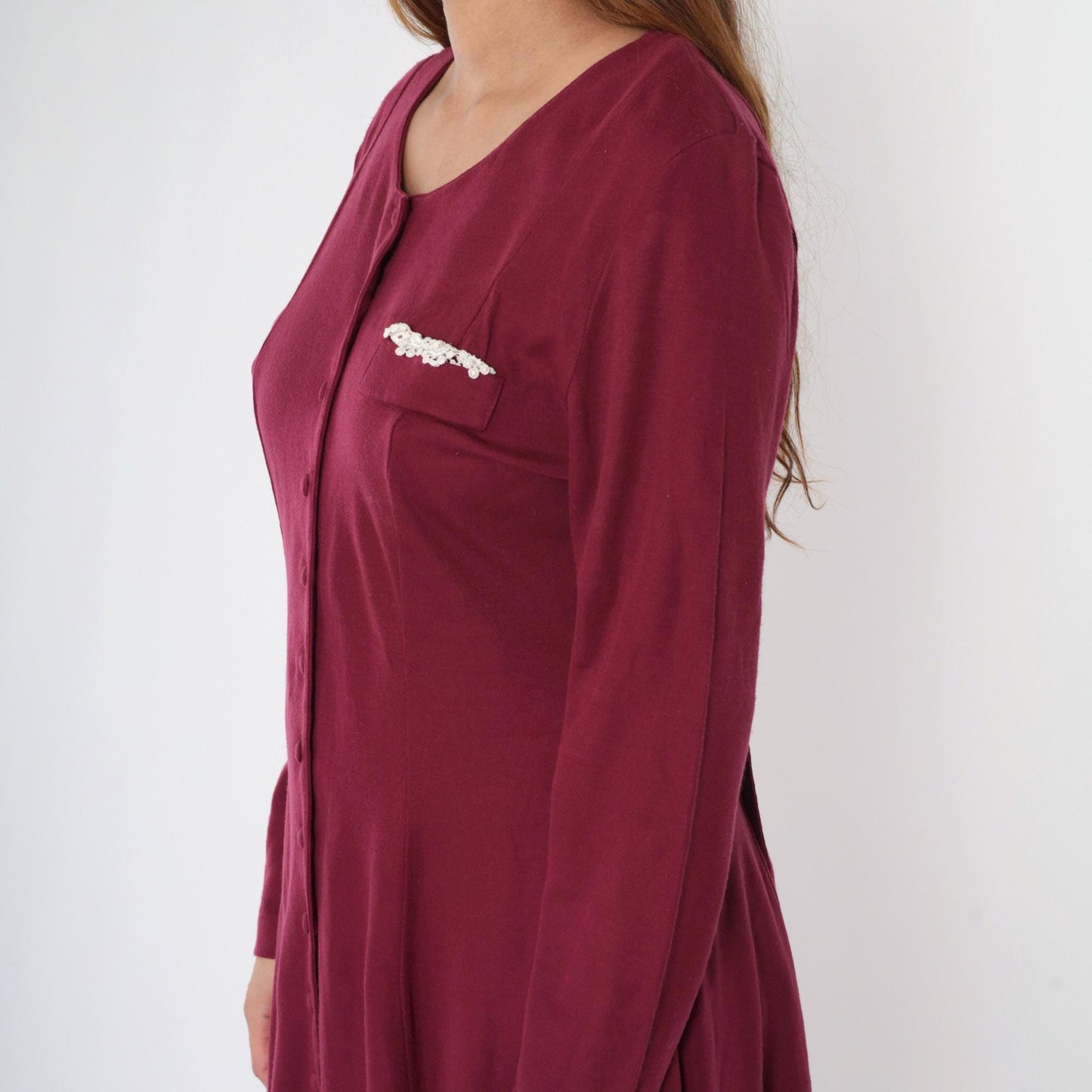 90s Burgundy Mini Shirtdress Long Sleeve Button Down Tie Back Medium M