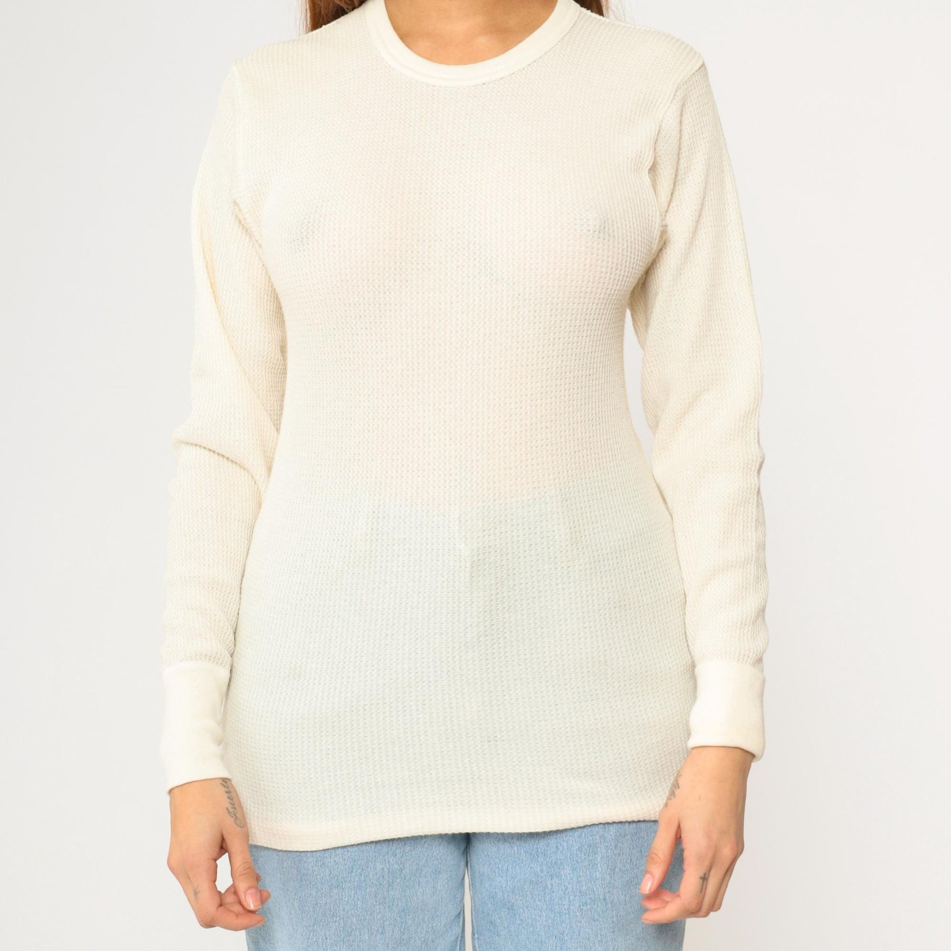 Y2K Hanes Cream Waffle Knit Thermal Long Sleeve Tee Medium M