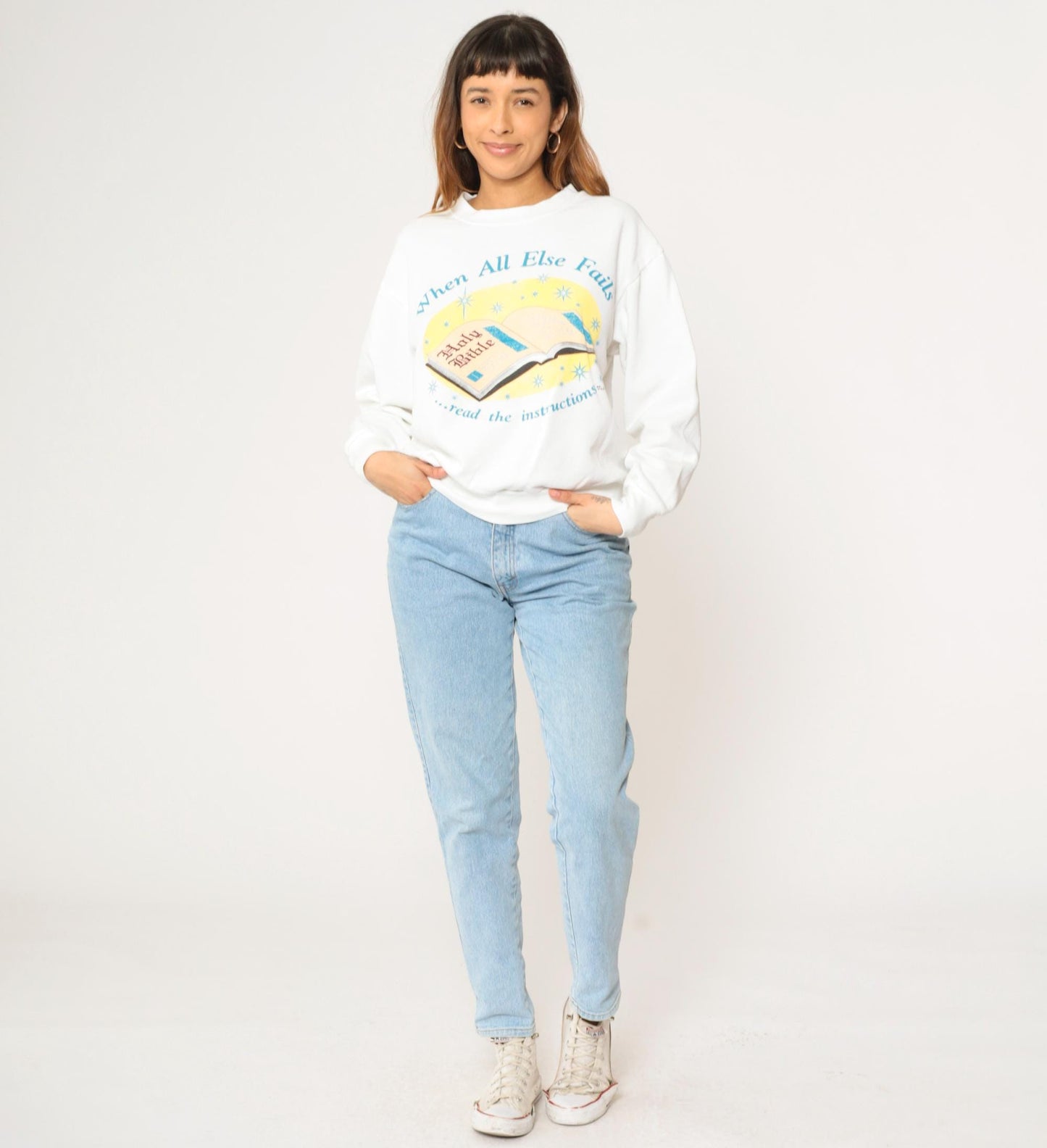 90s Christian Bible Sweatshirt When All Else Fails White Crewneck Large L