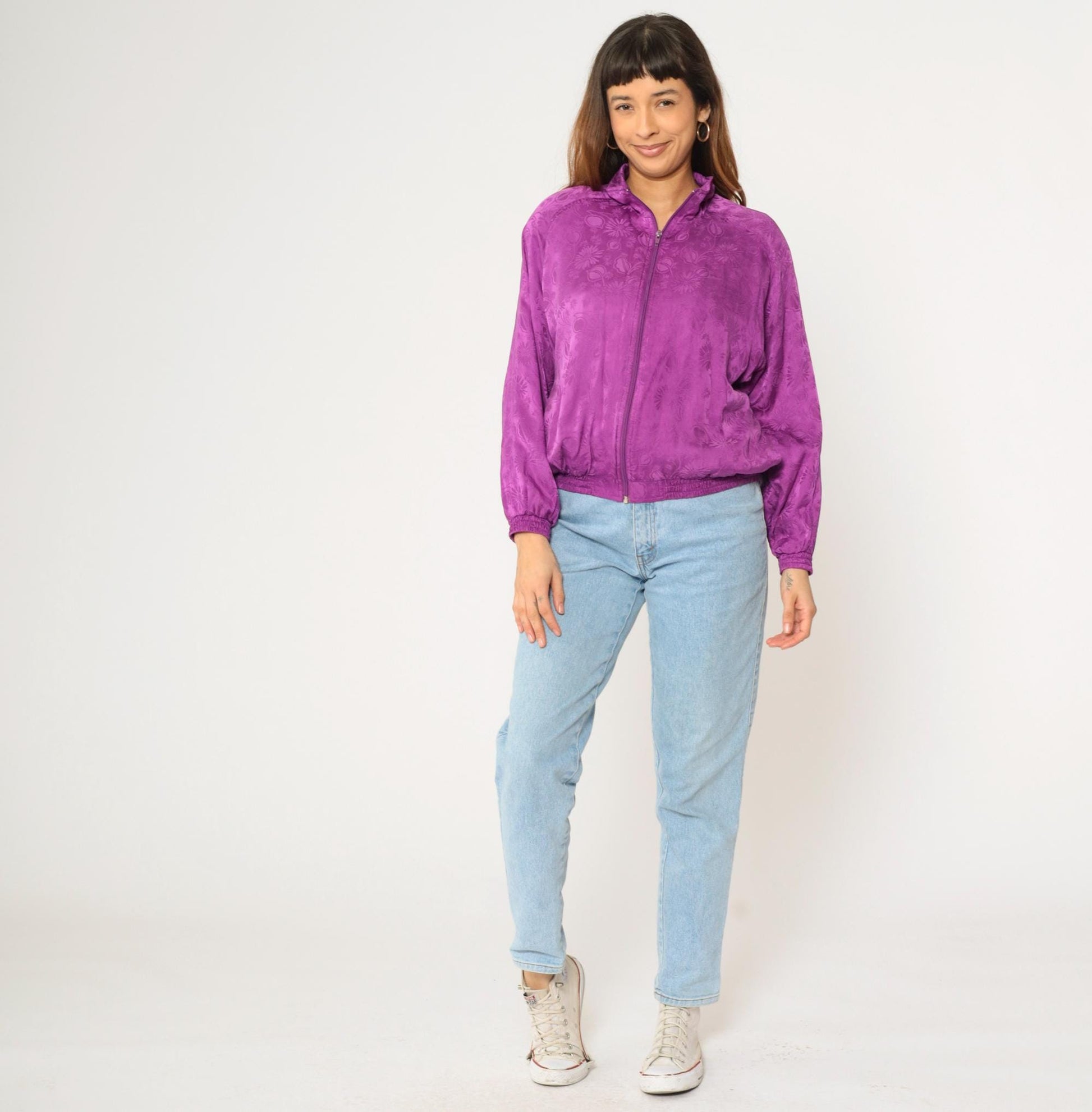 90s Silk Floral Jacquard Windbreaker Purple Zip-Up Raglan Jacket Extra Small