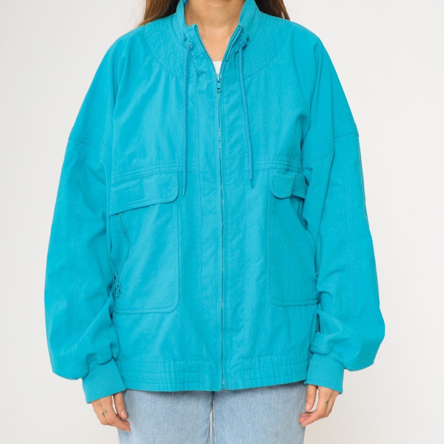 90s Turquoise Windbreaker Jacket Cargo Pockets Drawstring Neck XXL