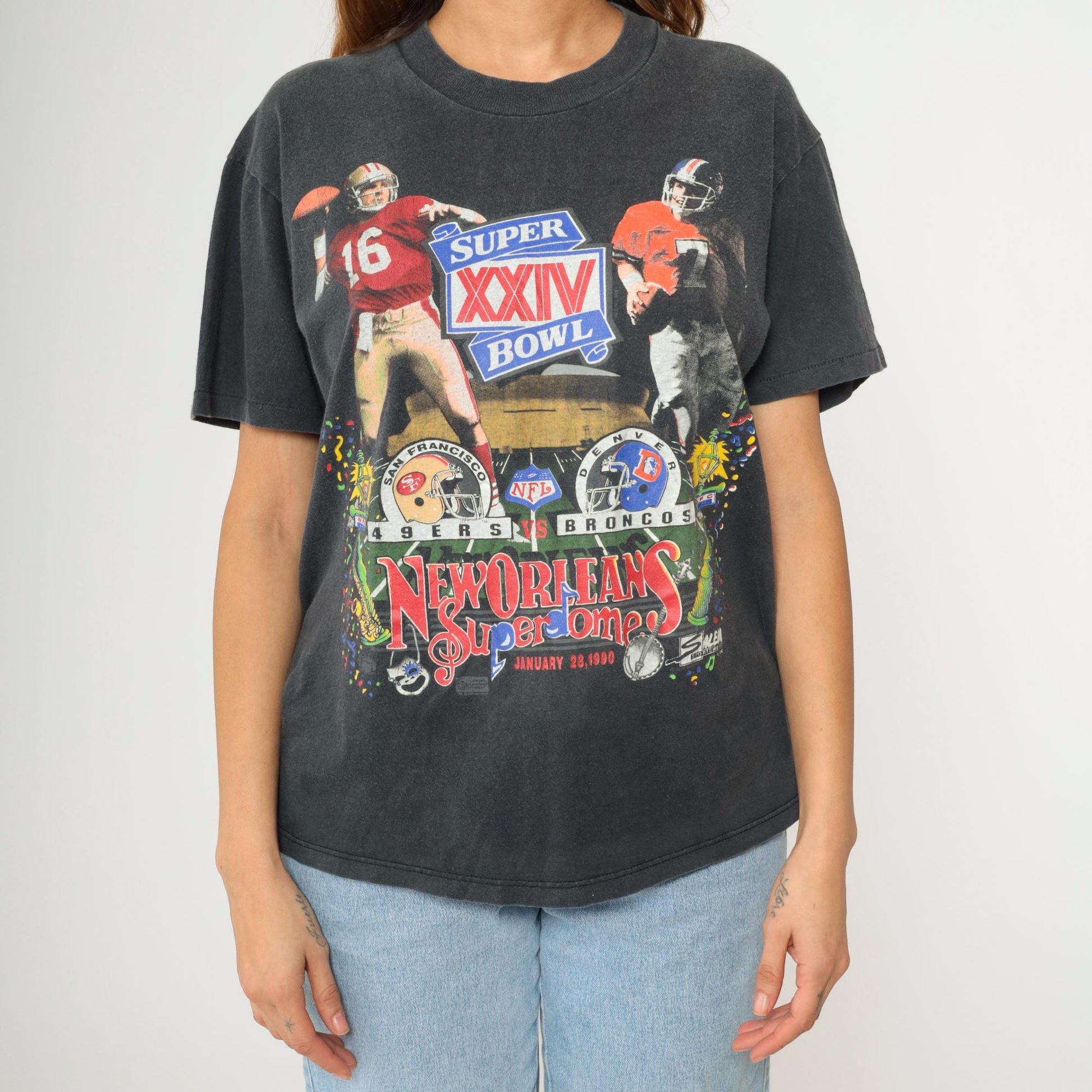 90s Super Bowl XXIV T-Shirt San Francisco 49ers Denver Broncos Black Cotton Large