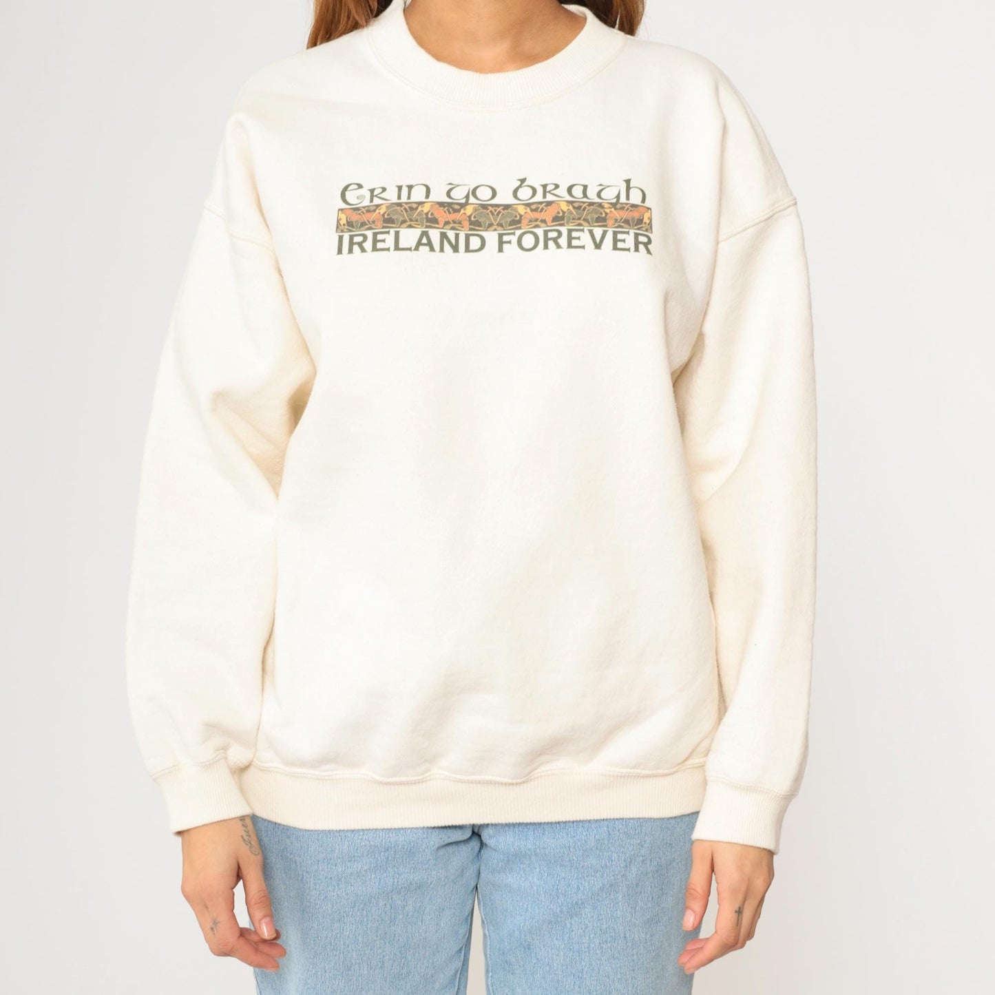 Y2K Ireland Forever Erin Go Bragh Celtic Graphic Sweatshirt Cream Large L