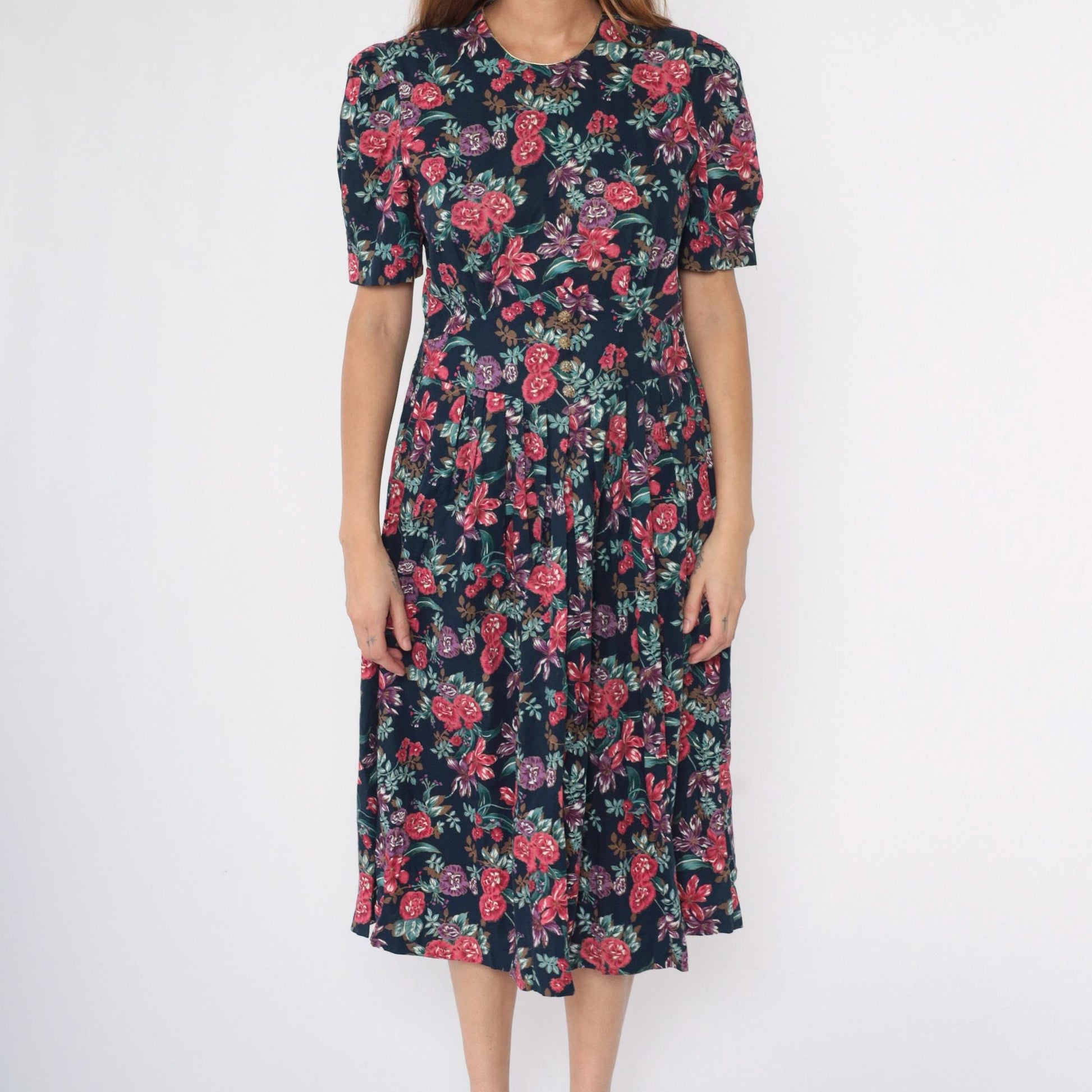 80s Navy Floral Midi Dress Puff Sleeve Basque Waist Smocked Back Medium Petite