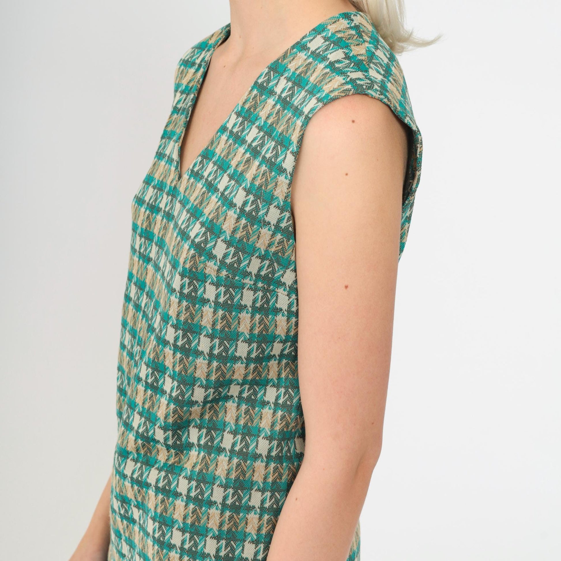 70s Plaid Tank Top Turquoise V-Neck Sleeveless Checkered Shirt Small