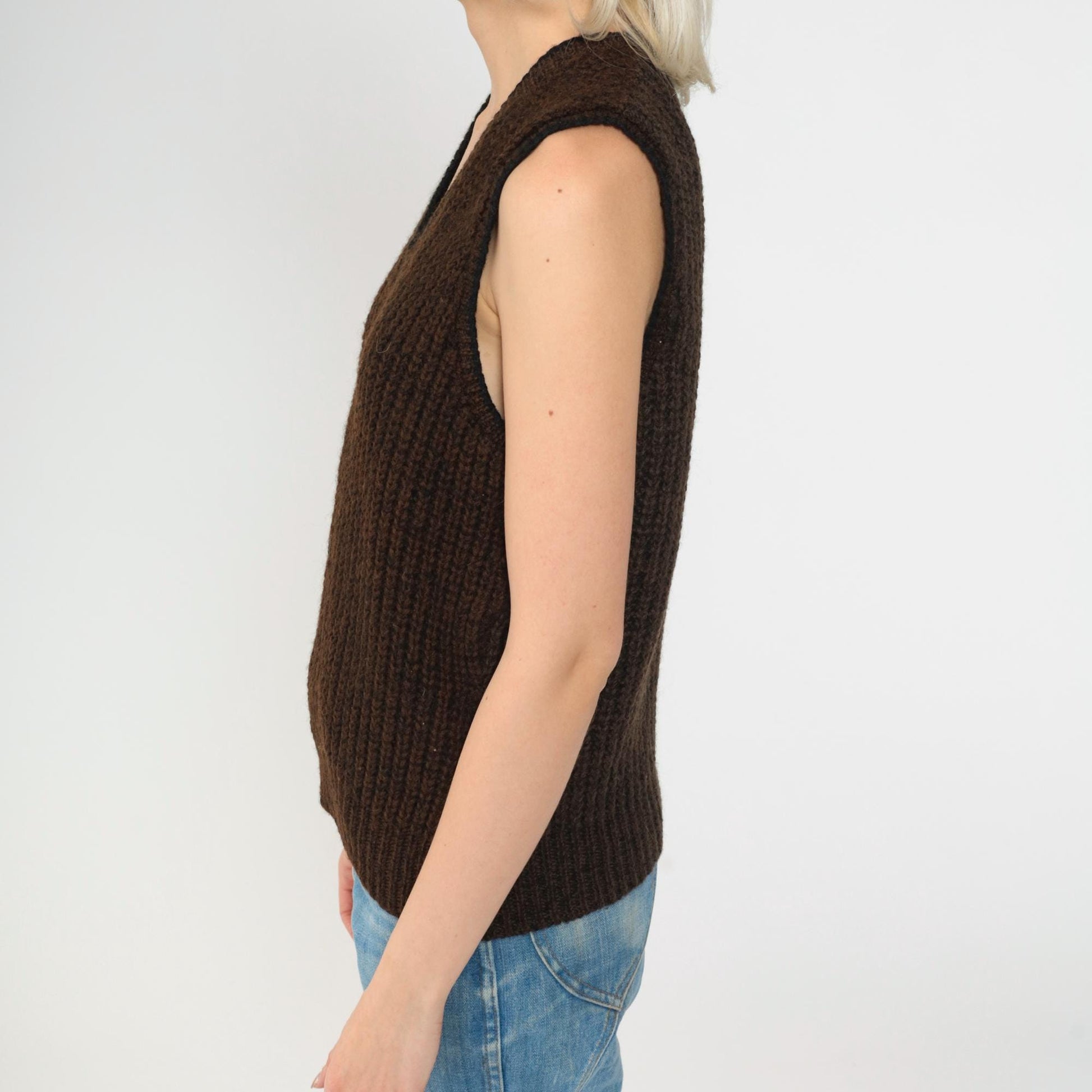 80s Broadway Wool Sweater Vest Brown Ribbed V-Neck Knit Small