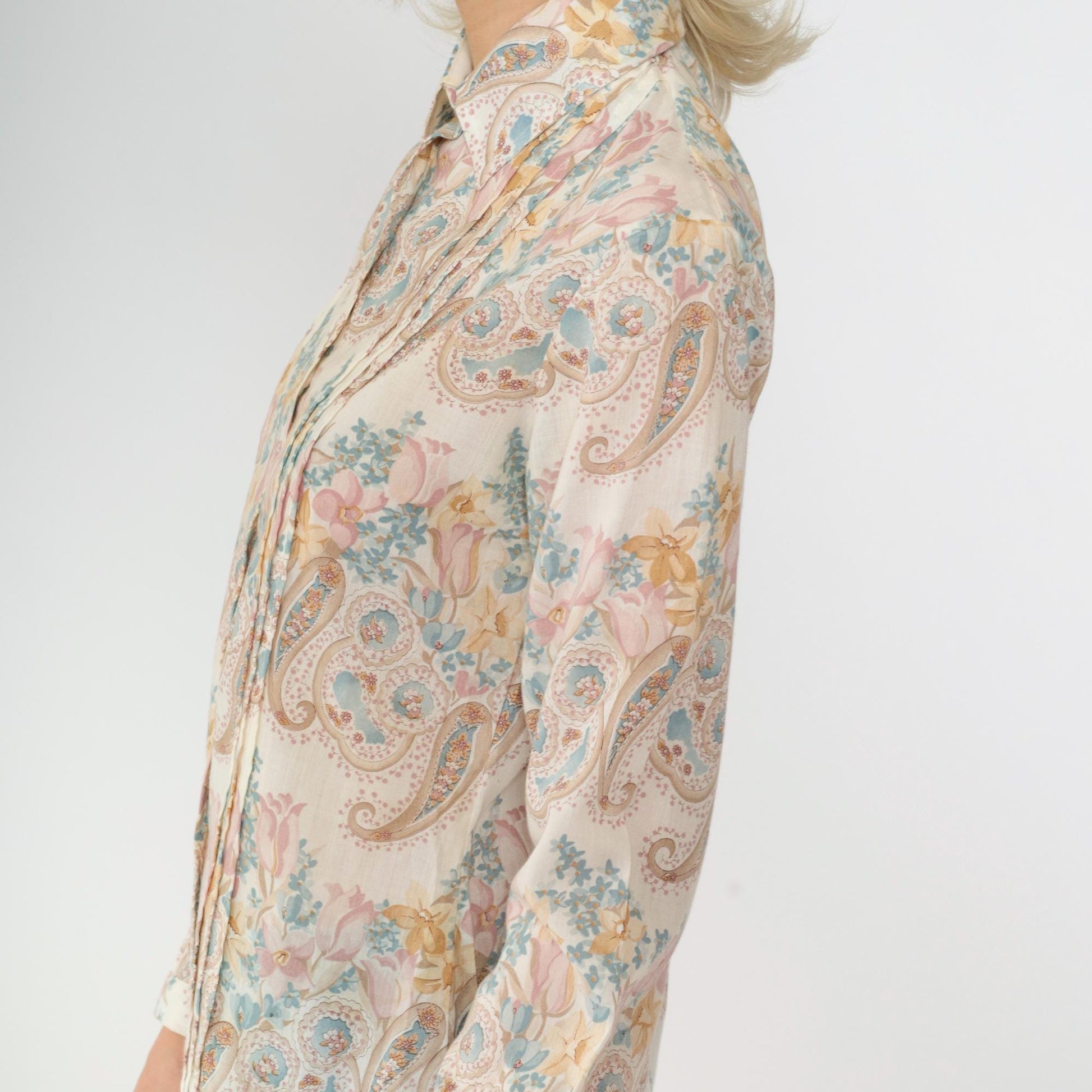 70s Floral Paisley Button-Up Blouse White Long Sleeve Pleated Shirt Small