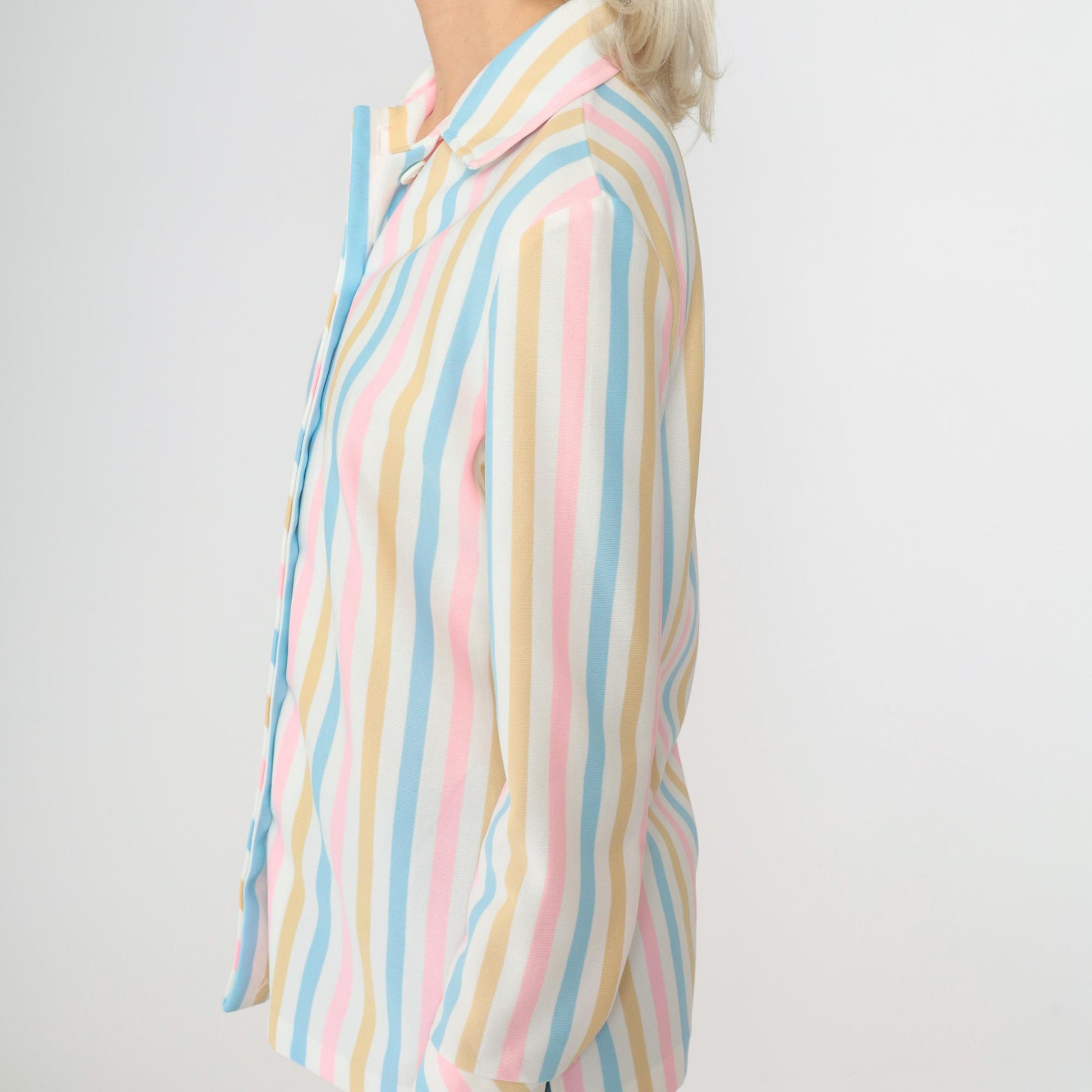 70s Pastel Striped Button-Up Blouse White Pink Blue Long Sleeve Small