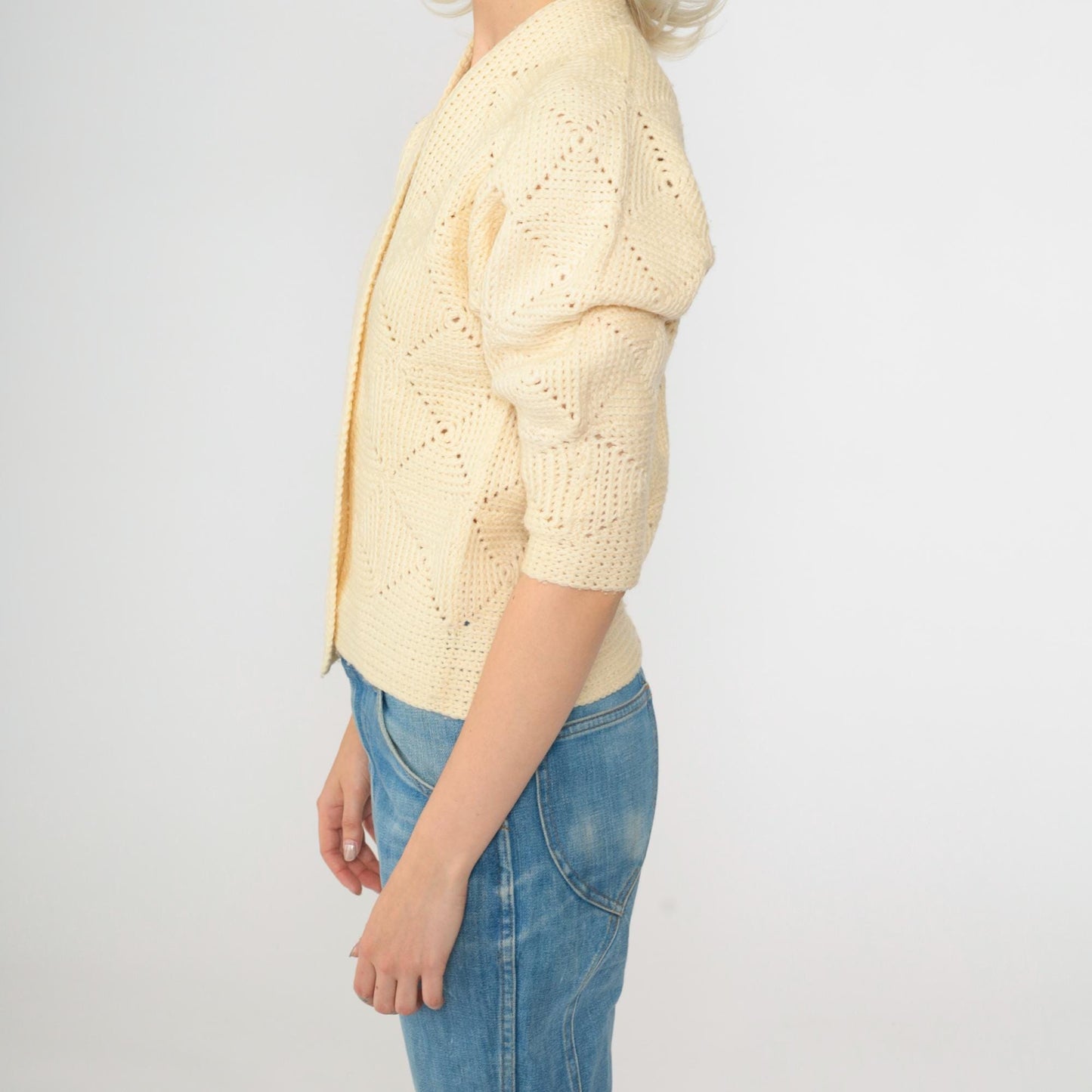 70s Cream Open Knit Cardigan Cropped Dolman Sleeve Geometric Textured Extra Small