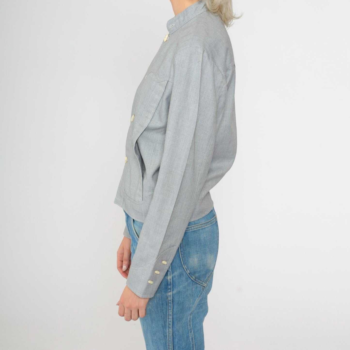 70s Western Jacket Grey Cotton Blend Toggle Button Mandarin Collar Small