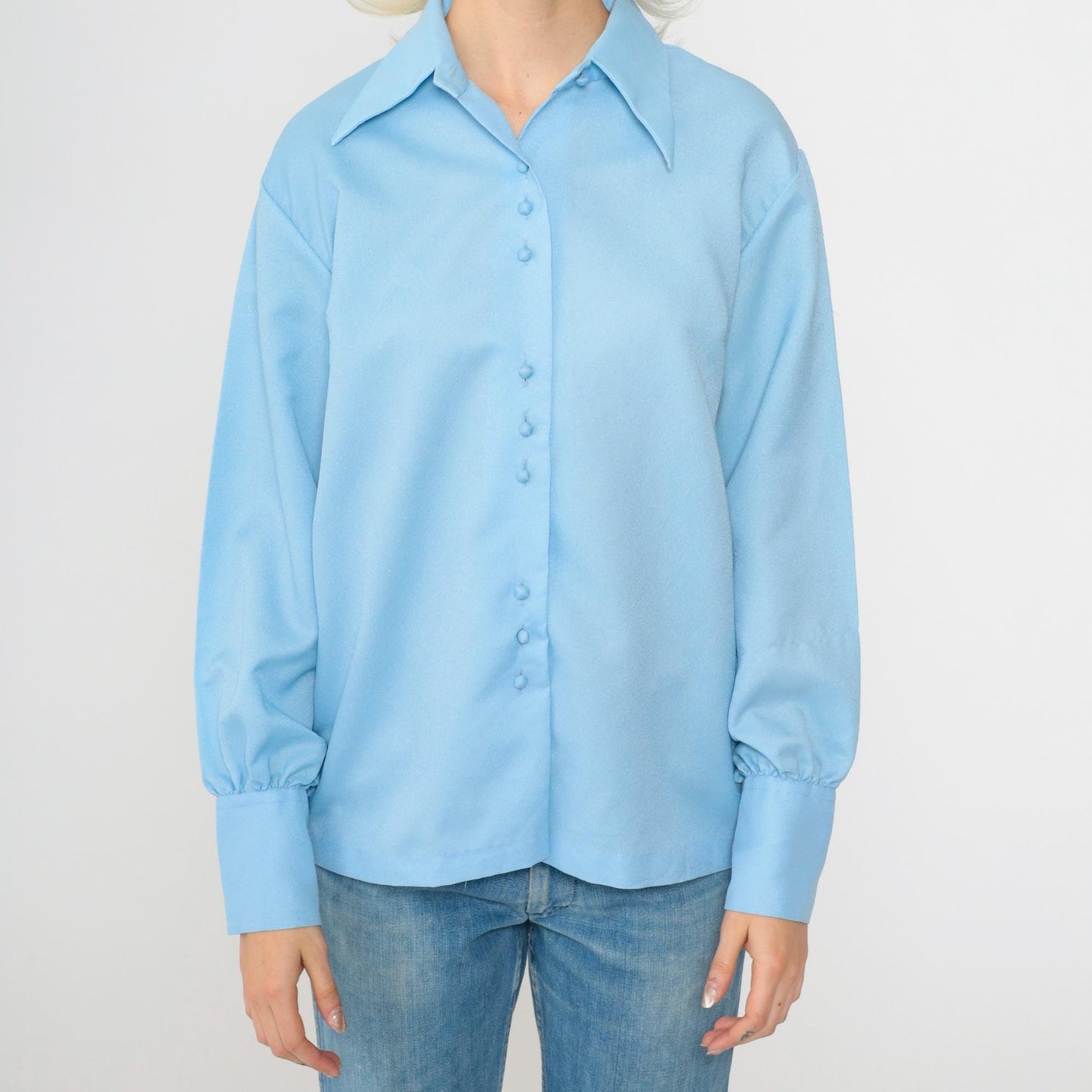 70s Baby Blue Button-Up Blouse Dagger Collar Long Sleeve Small