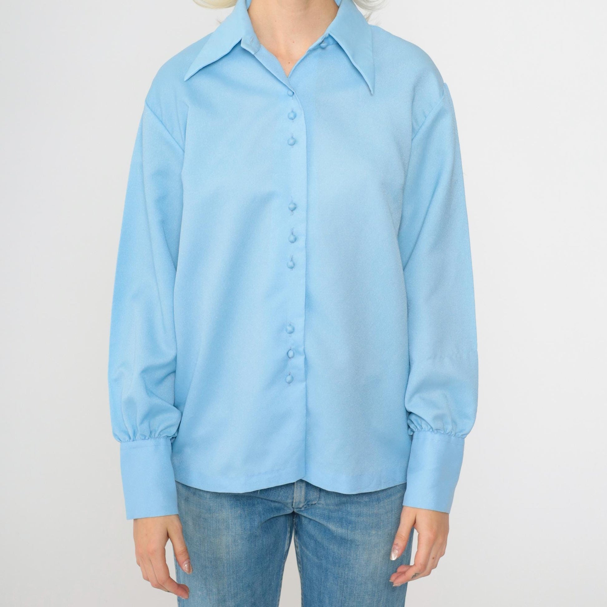 70s Baby Blue Button-Up Blouse Dagger Collar Long Sleeve Small