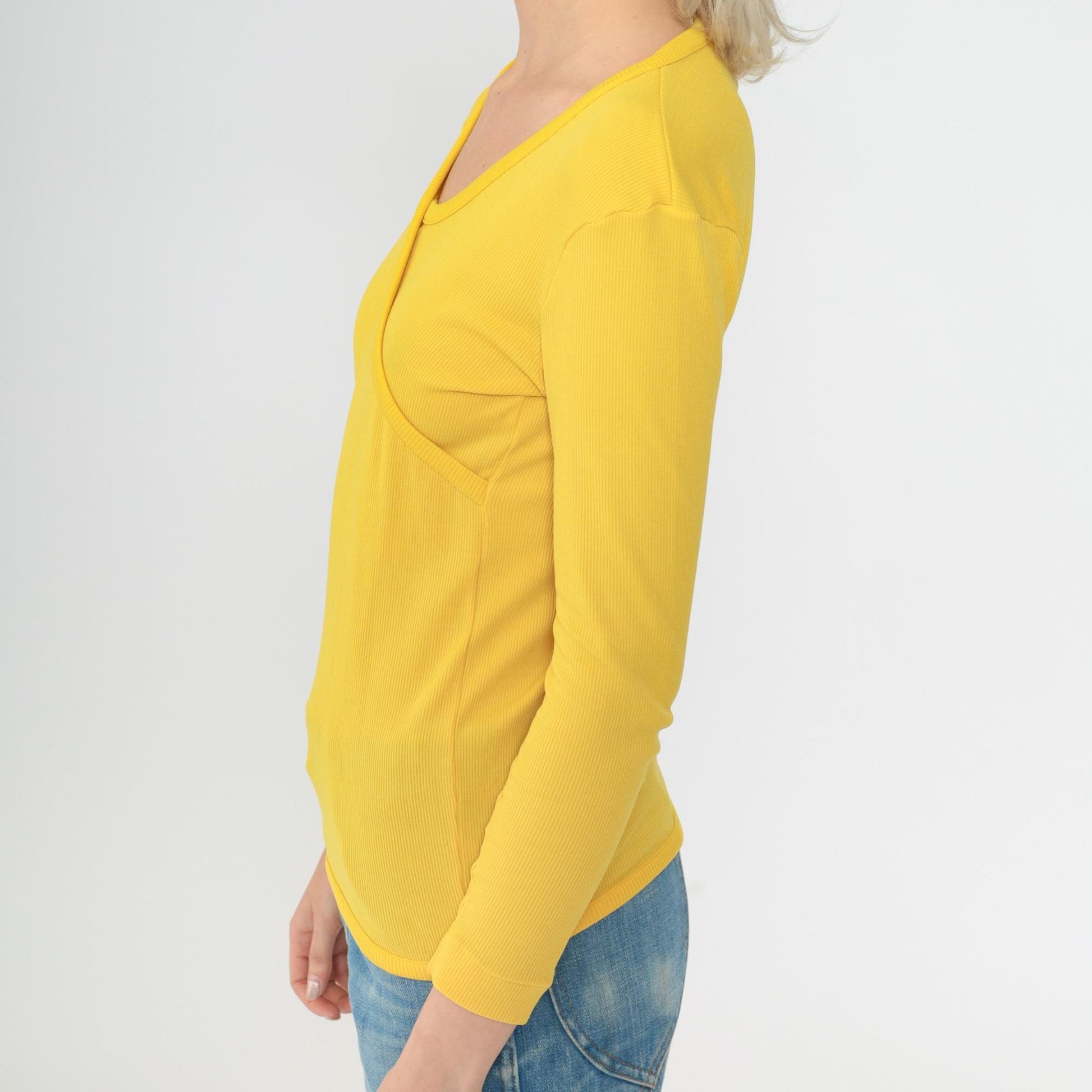 70s Yellow Ribbed Nylon Blouse Asymmetrical Faux Wrap V-Neck Long Sleeve XS