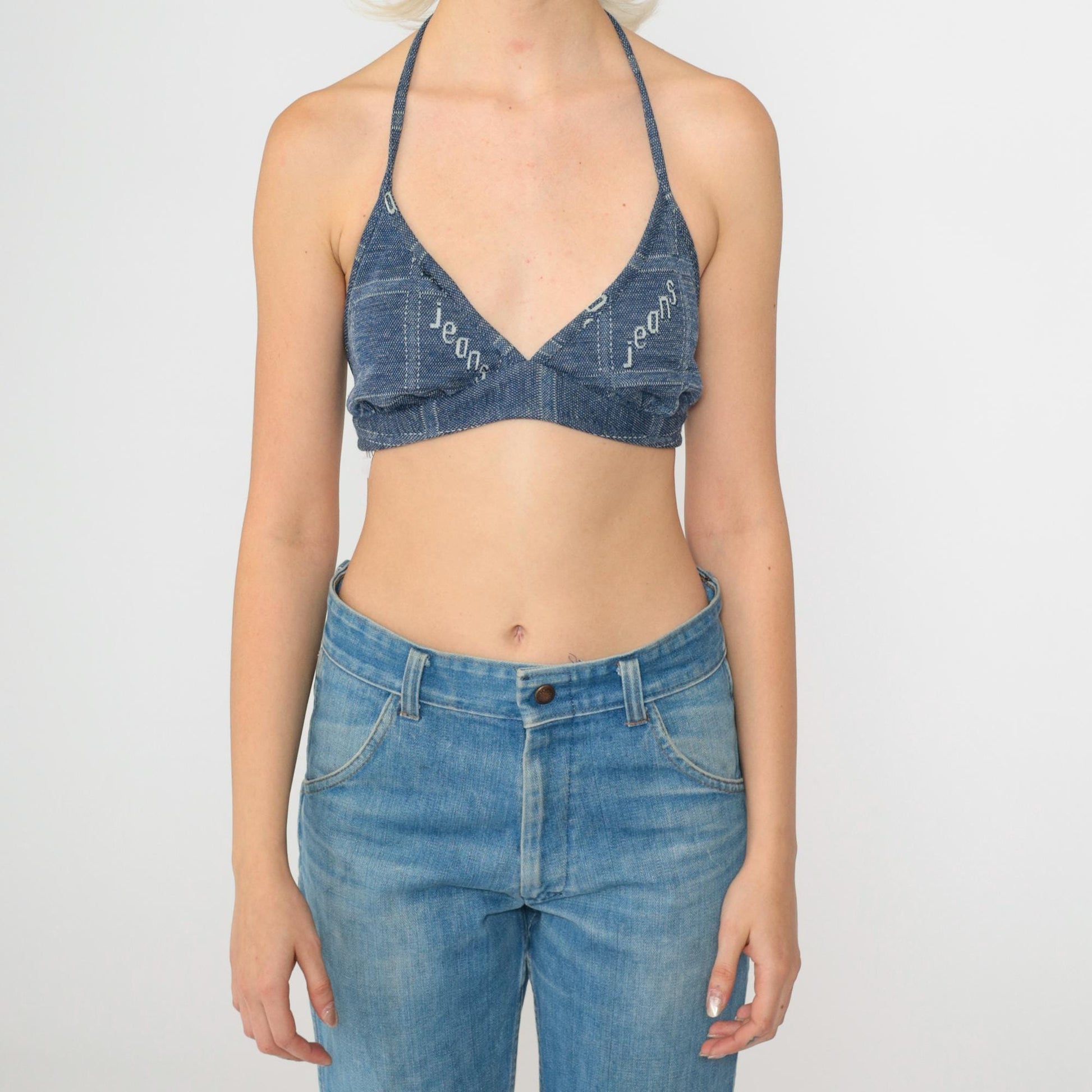 70s Blue Halter Triangle Bikini Top Jeans Print Medium