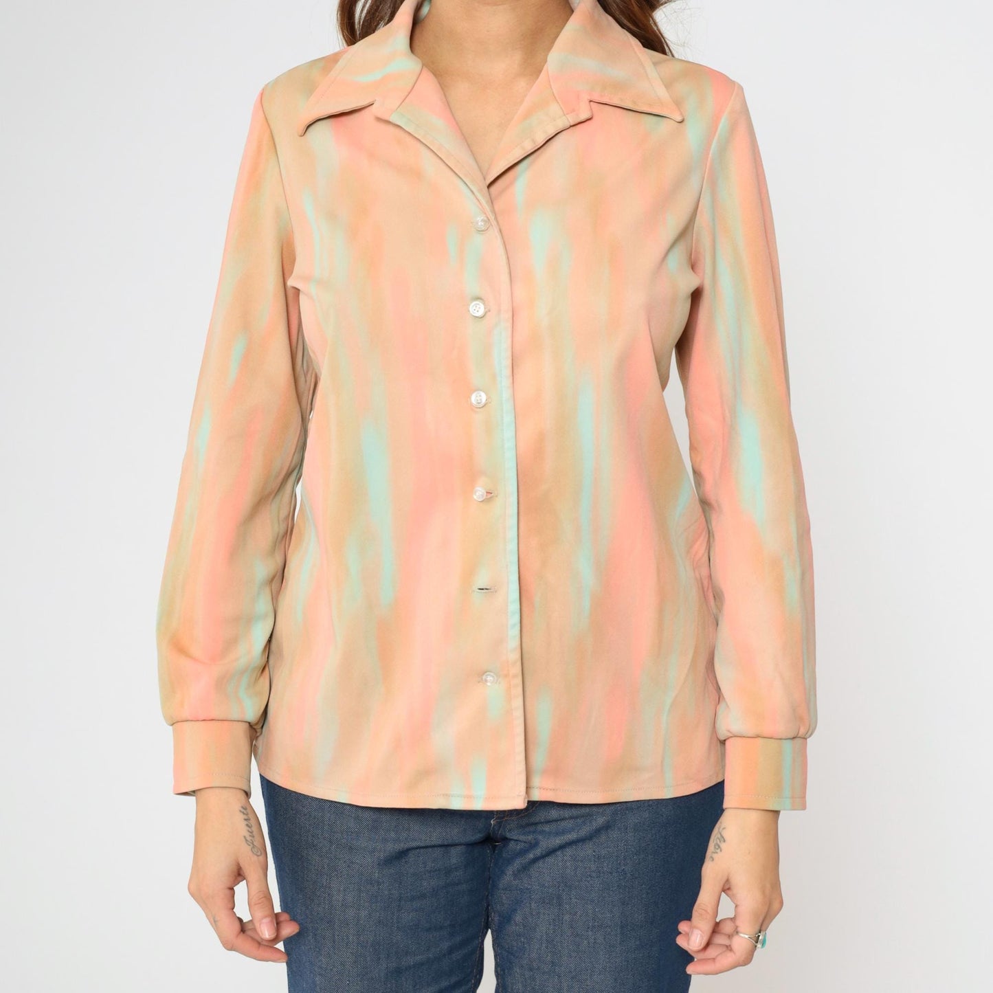 70s Jeanne Durell Abstract Print Button-Up Blouse Peach Aqua Large L