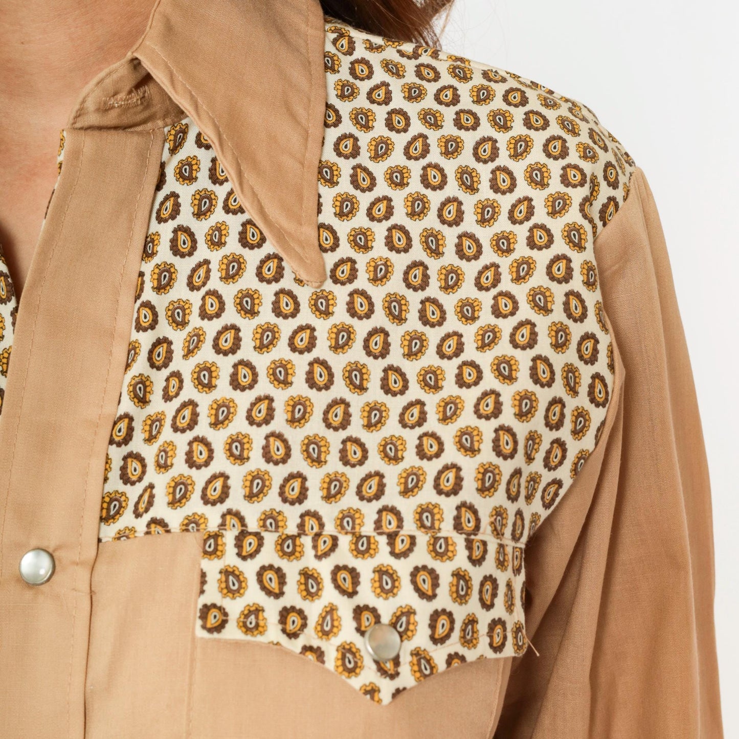 70s Paisley Yoke Western Pearl Snap Shirt Tan Men's Small