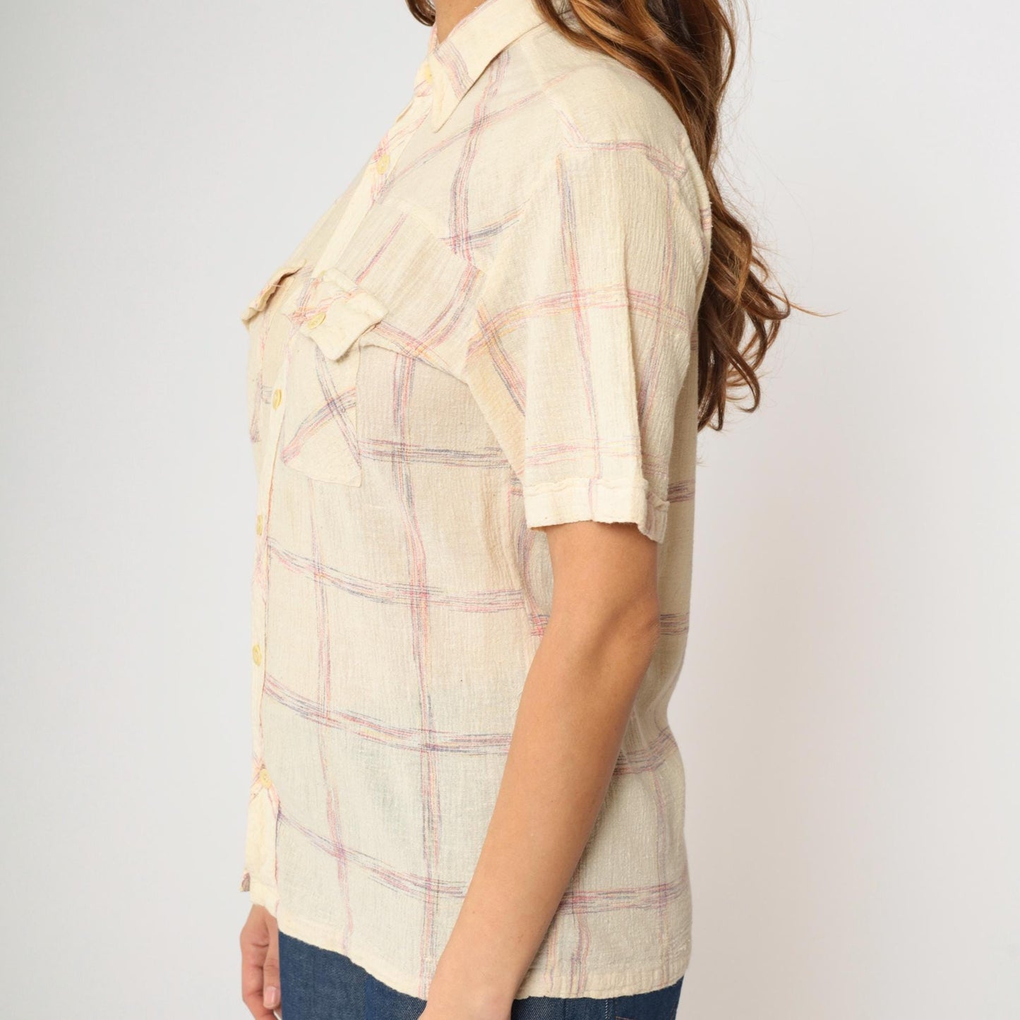 70s Trouper Gauze Plaid Shirt Cream Pointed Collar Button Up Medium