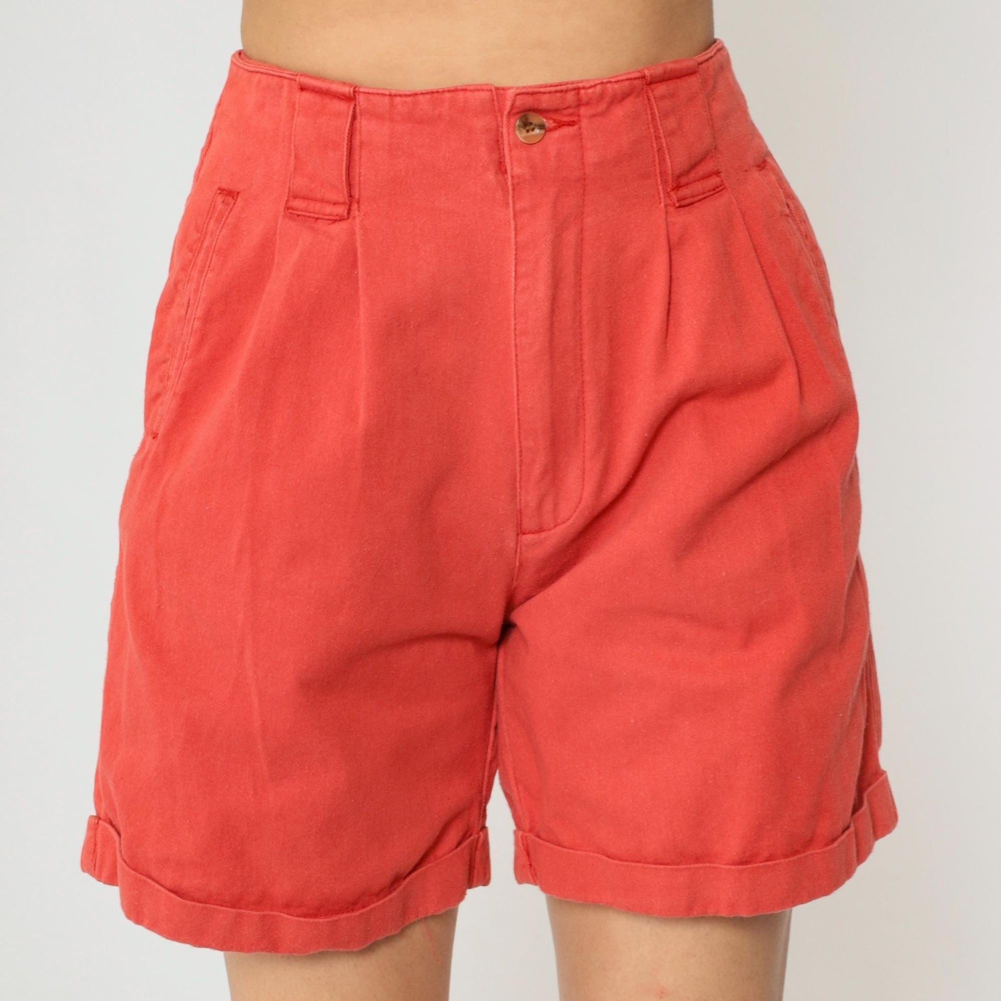 80s Points West Red Cotton Pleated Shorts High Waist Cuffed Small