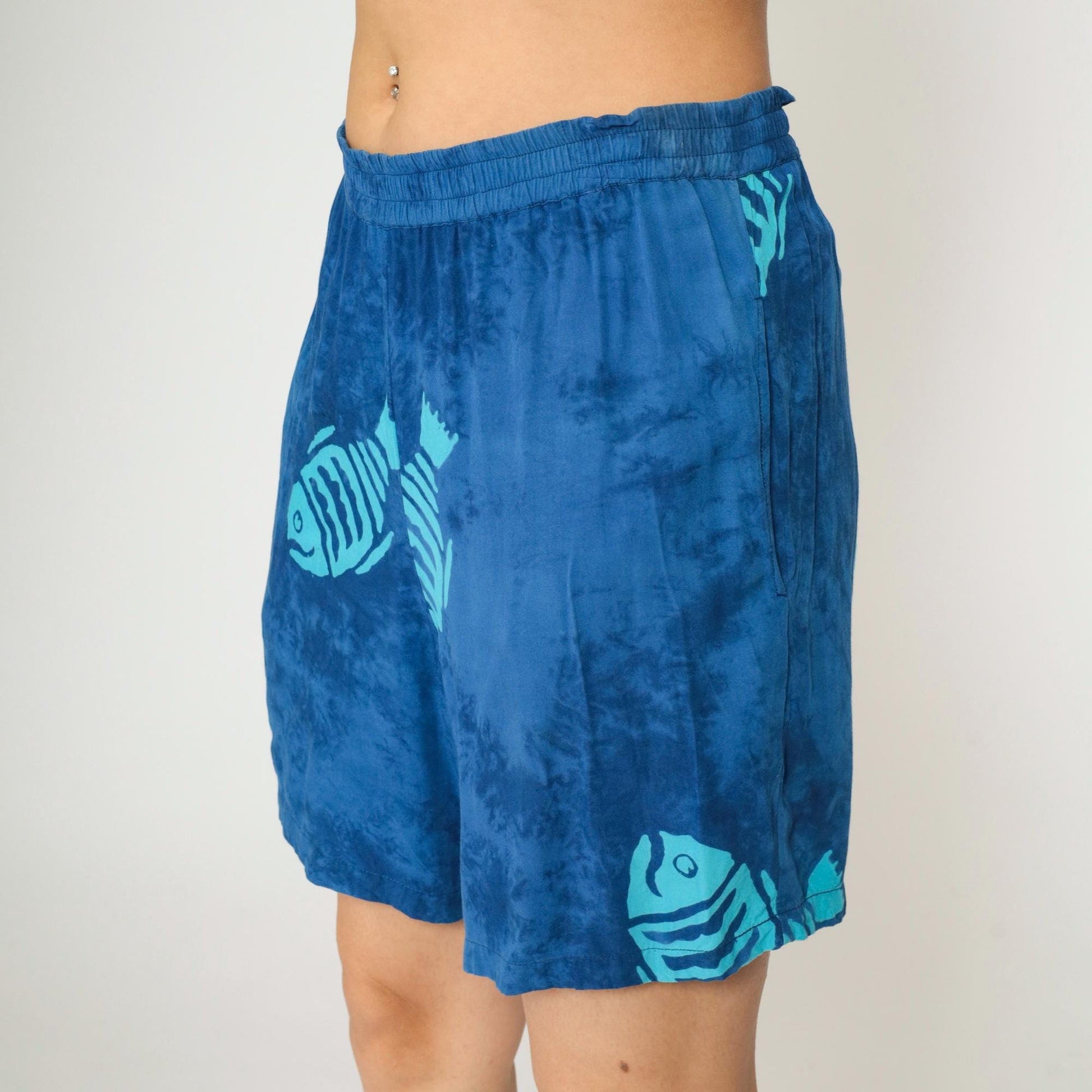 Y2K Blue Tie Dye Fish Print Shorts Elastic Waist Rayon Medium M