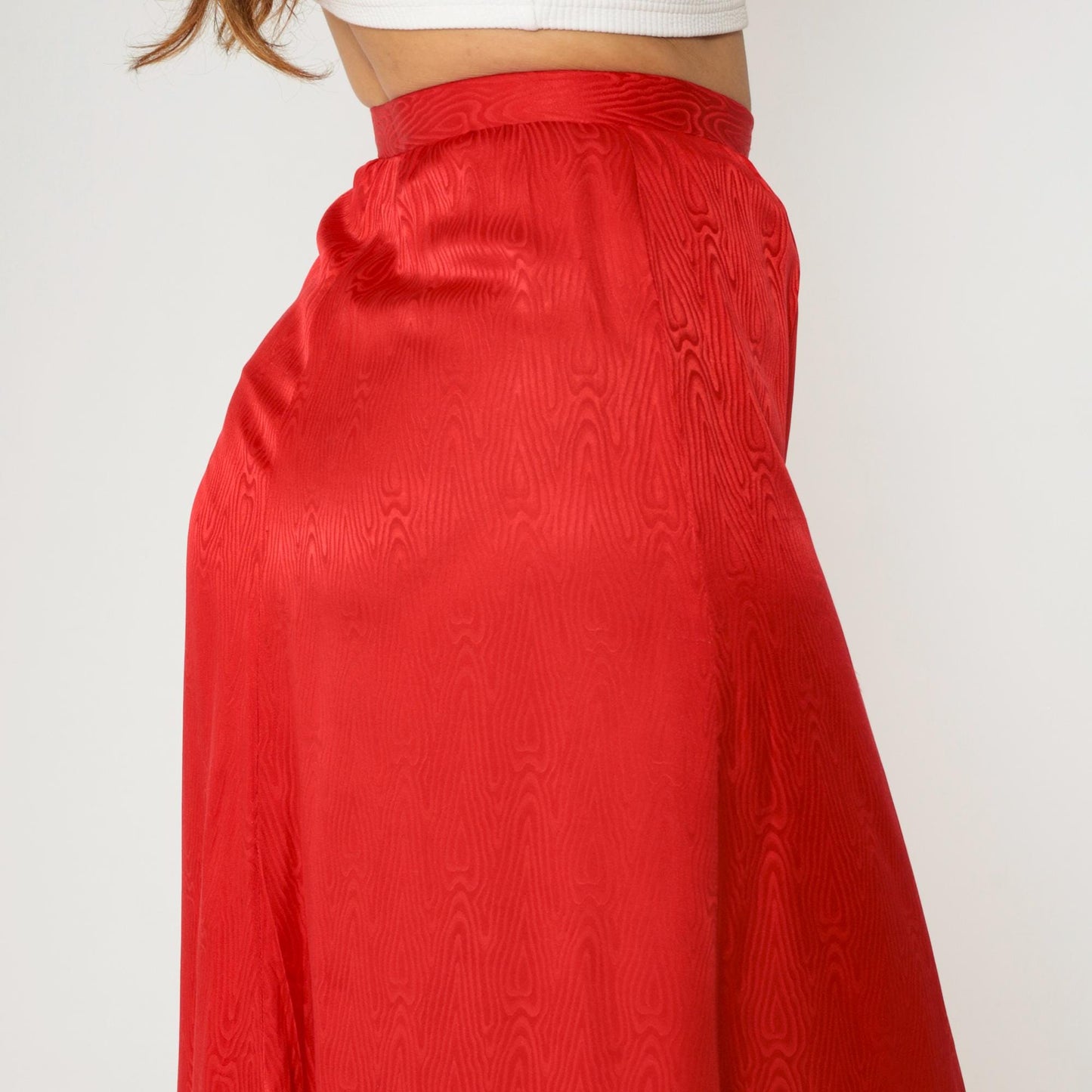 90s Red Moiré Satin Maxi Skirt High Waist A-Line Bias Cut Small