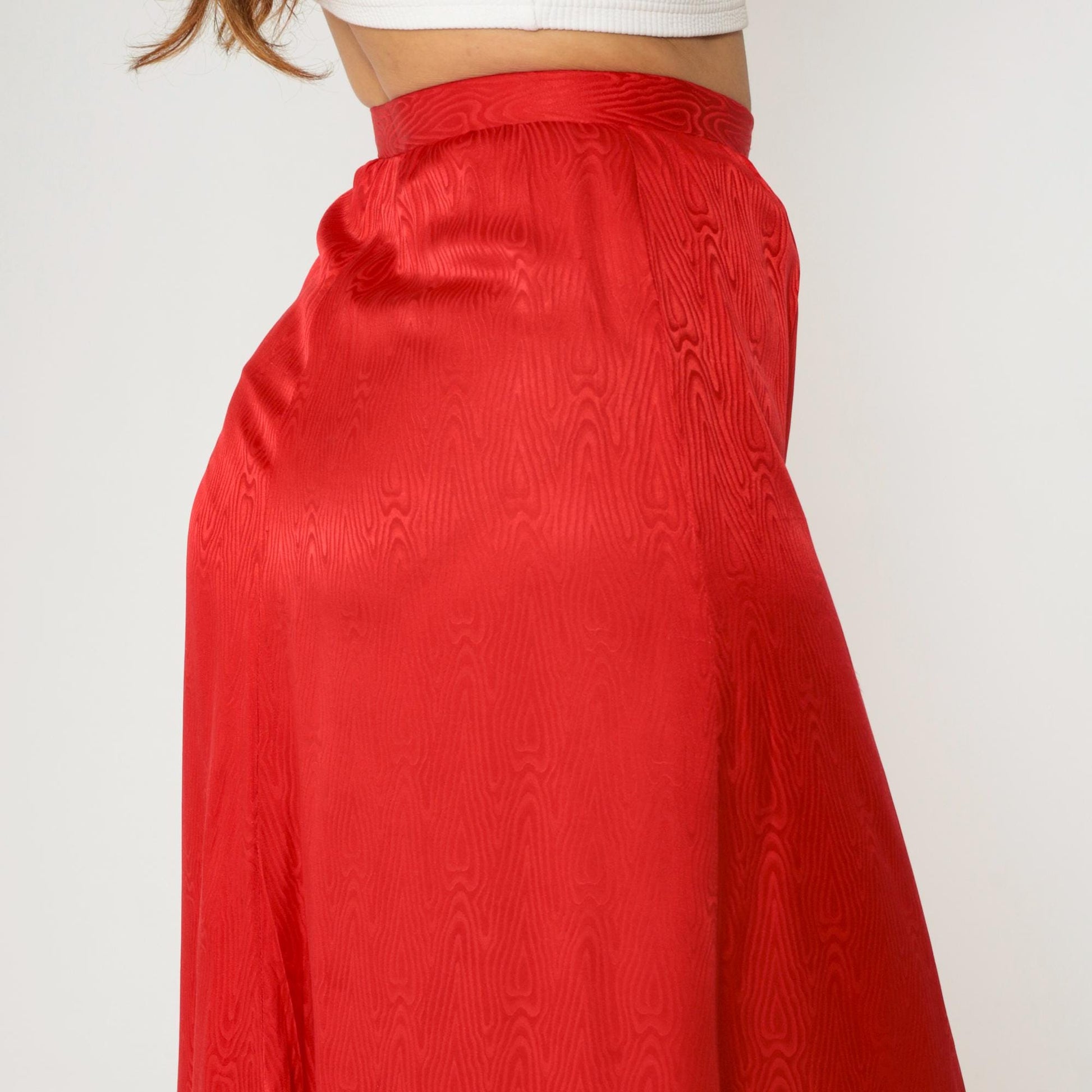90s Red Moiré Satin Maxi Skirt High Waist A-Line Bias Cut Small