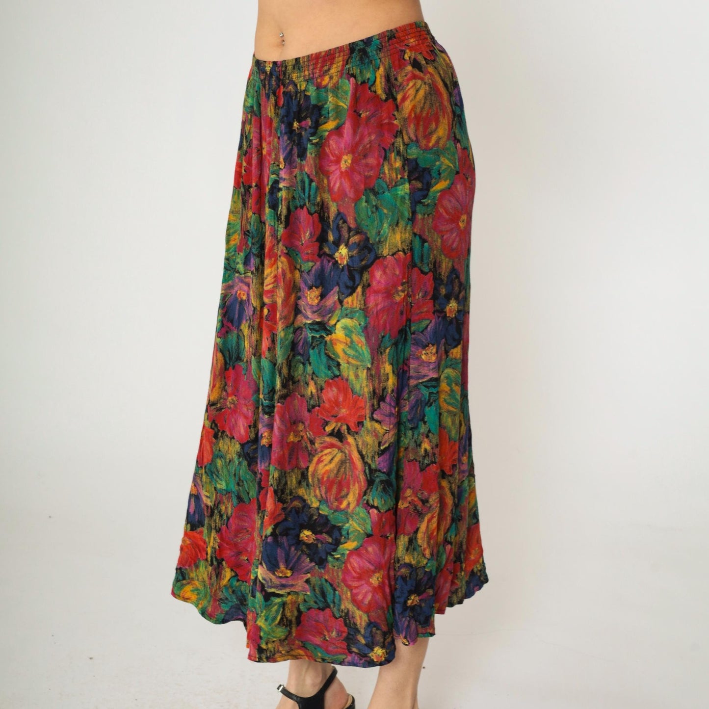 90s Floral Midi Skirt Watercolor Print High Elastic Waist Multicolor Large
