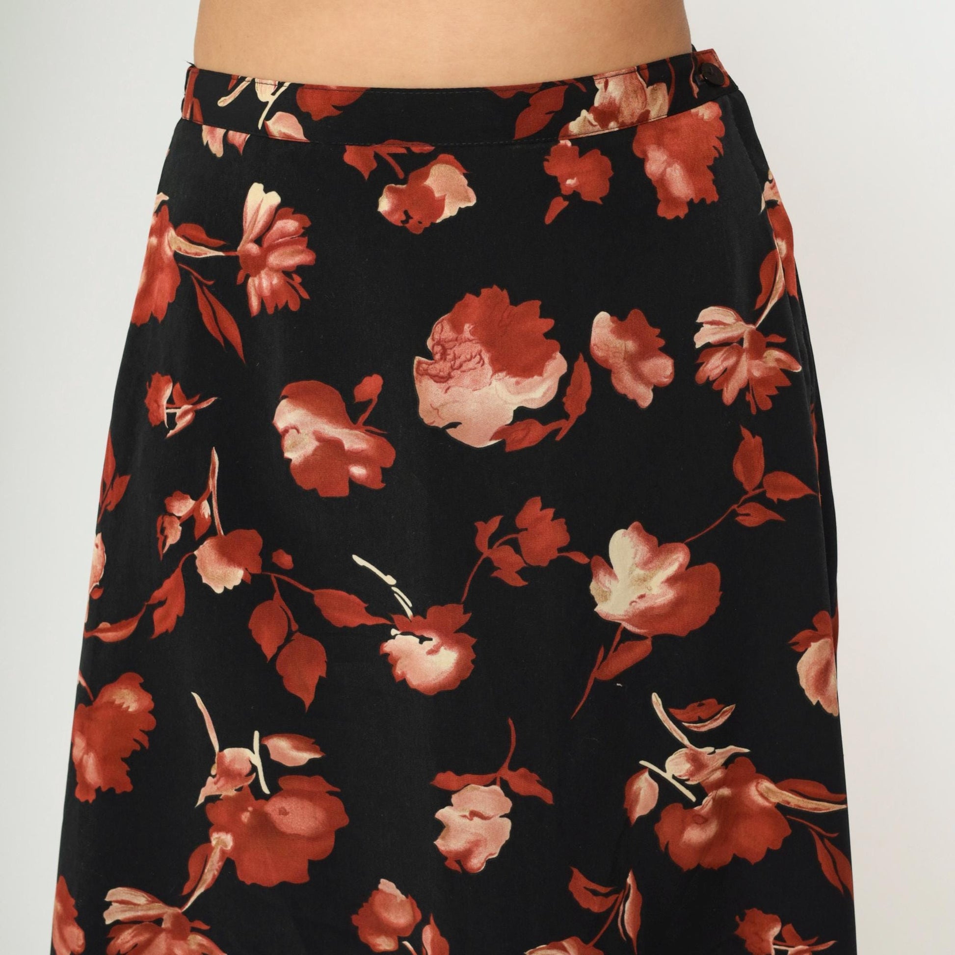 90s Black Floral A-Line Maxi Skirt High Waisted Rust Orange Small