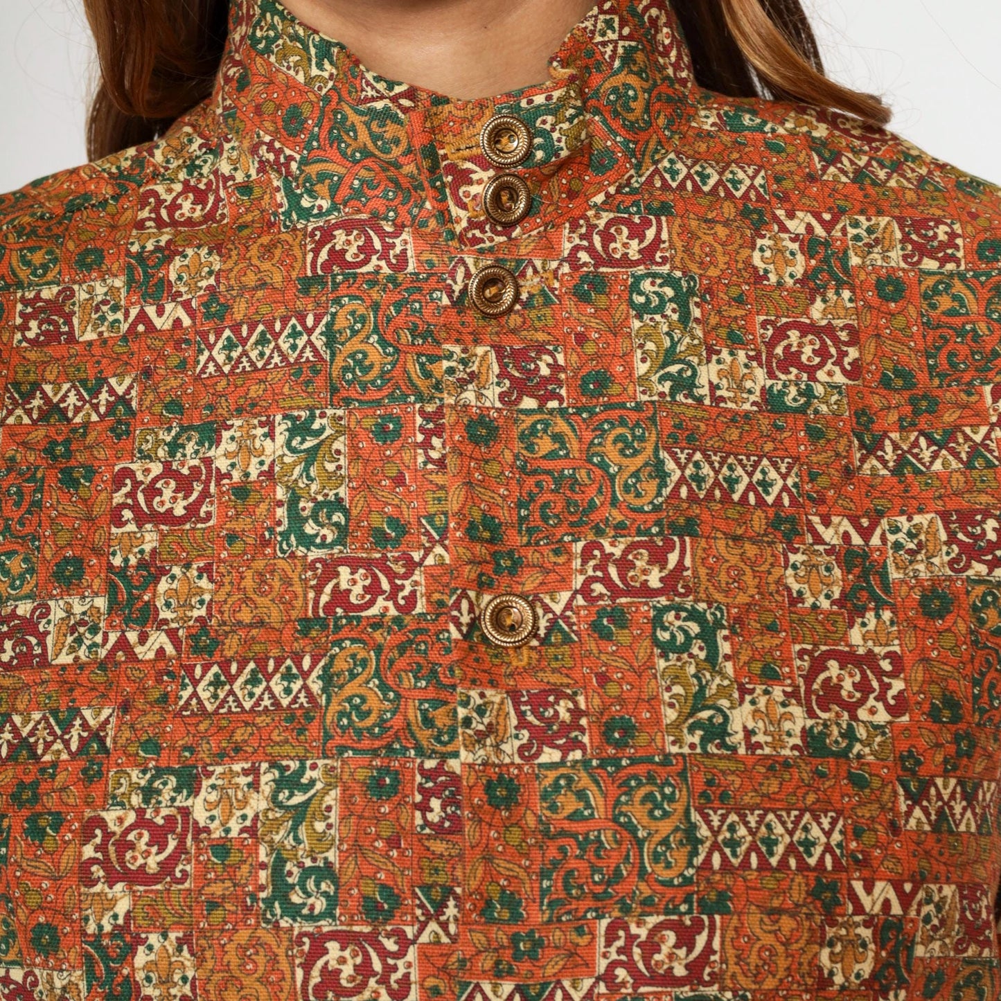 70s Patchwork Floral Stand Collar Tunic Shirt Orange Button Up Medium
