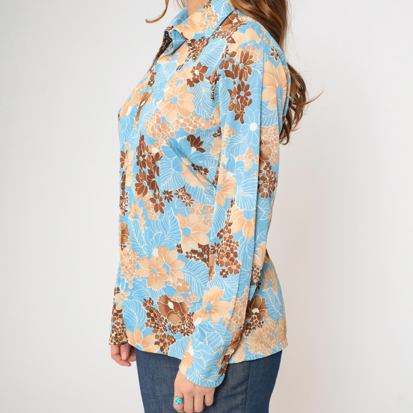 70s Prince Igor Floral Button-Up Shirt Blue Brown Tan Dagger Collar Medium