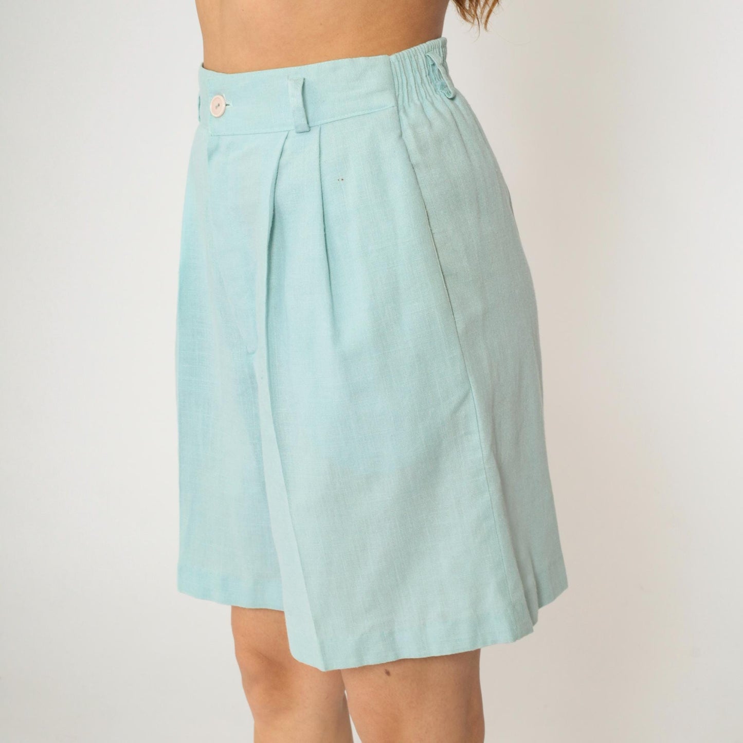 80s Light Blue Pleated High-Waist Shorts Linen Blend Wide Leg Small