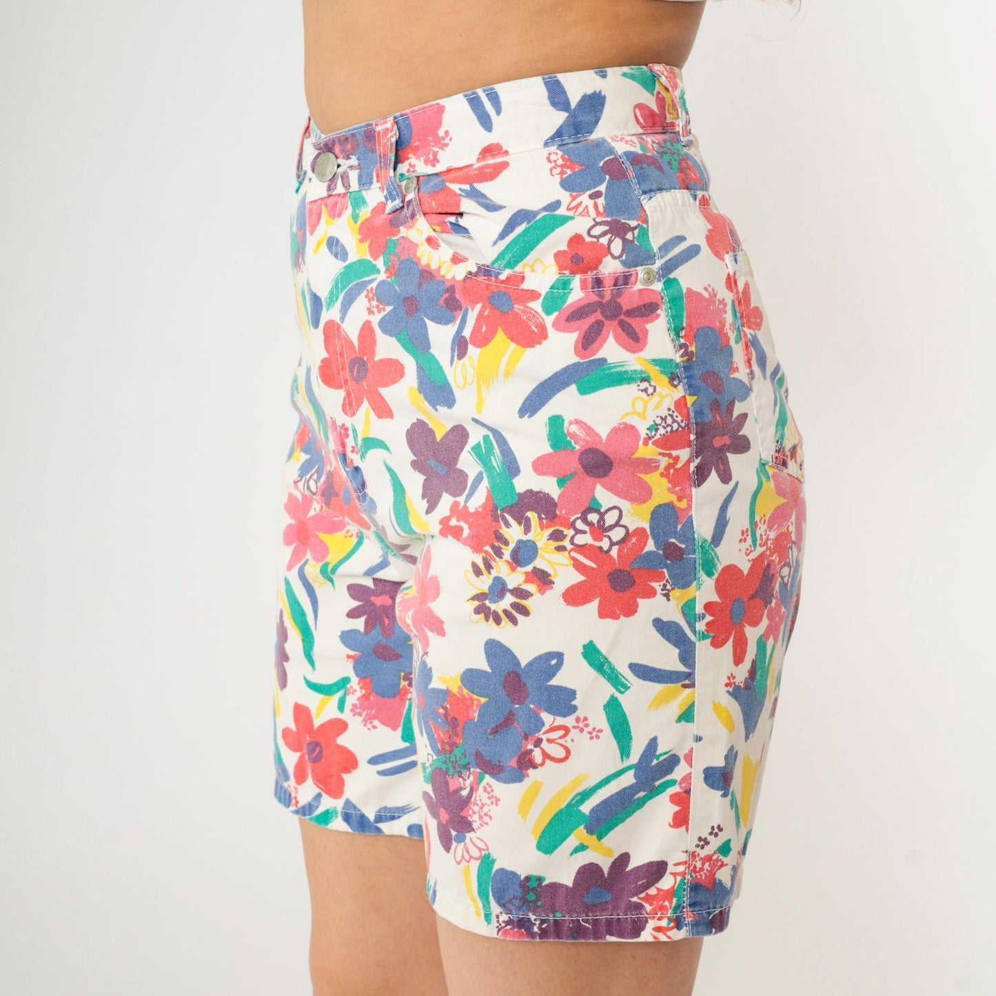 90s Sasson Floral Denim Shorts White High Waist Cotton Small