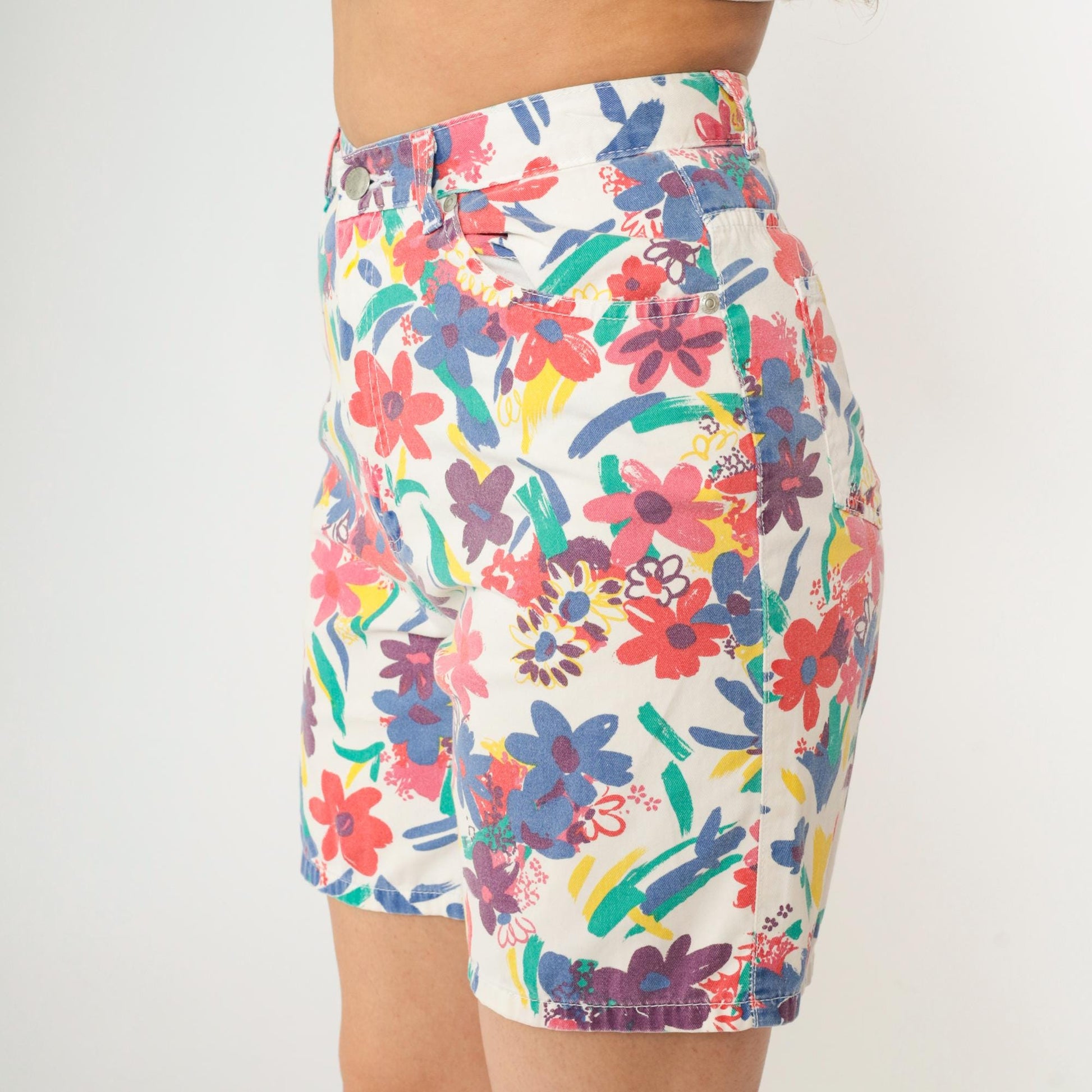 90s Sasson Floral Denim Shorts White High Waist Cotton Small