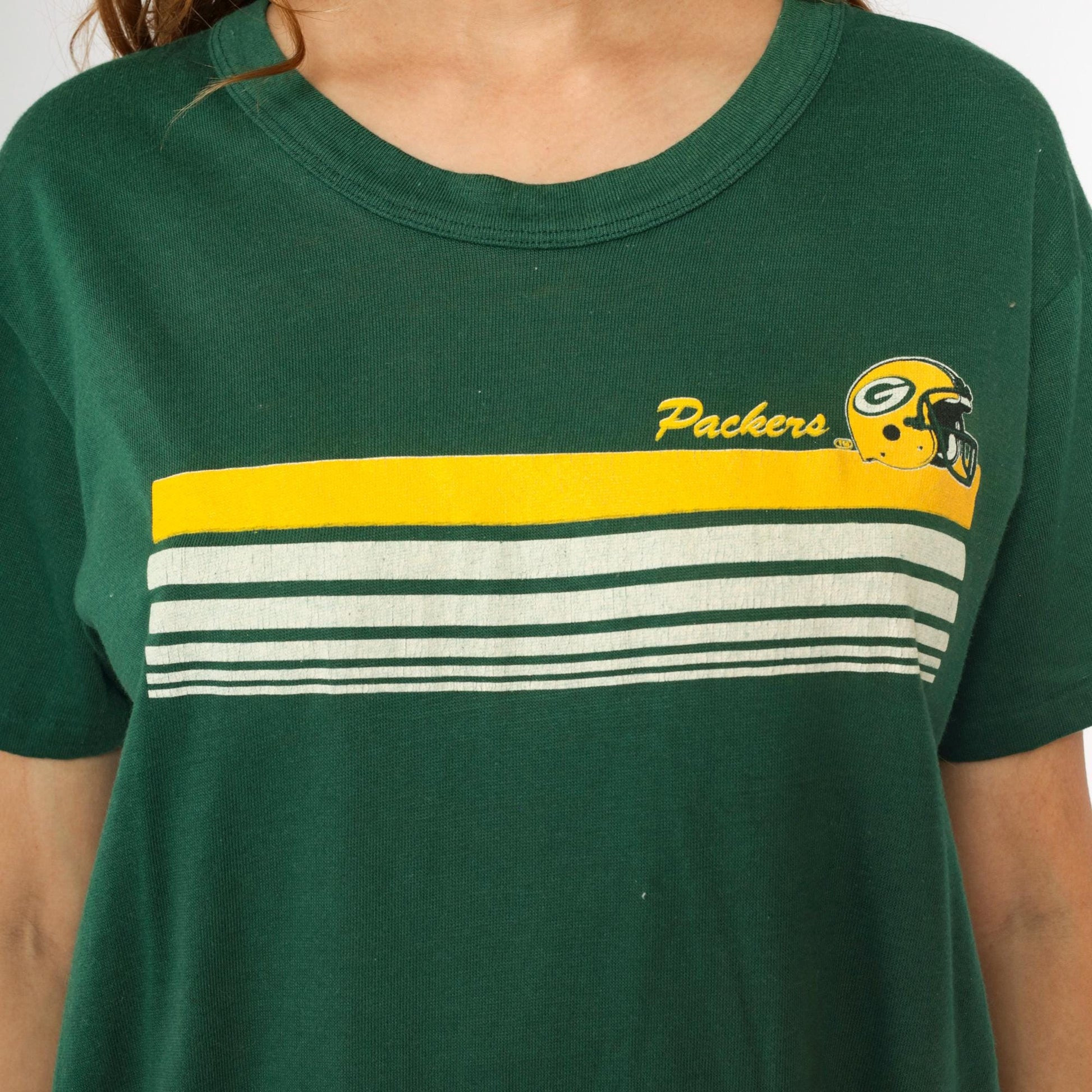 80s Green Bay Packers Graphic T-Shirt Deep Green Striped NFL Football Tee Large