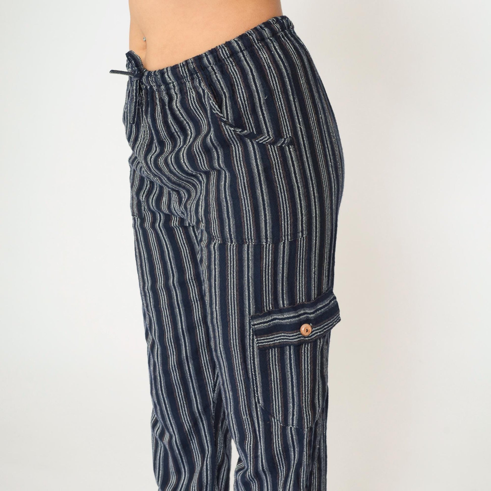 Ecuadorian Striped Navy Cargo Pants Elastic Drawstring Cropped Extra Small