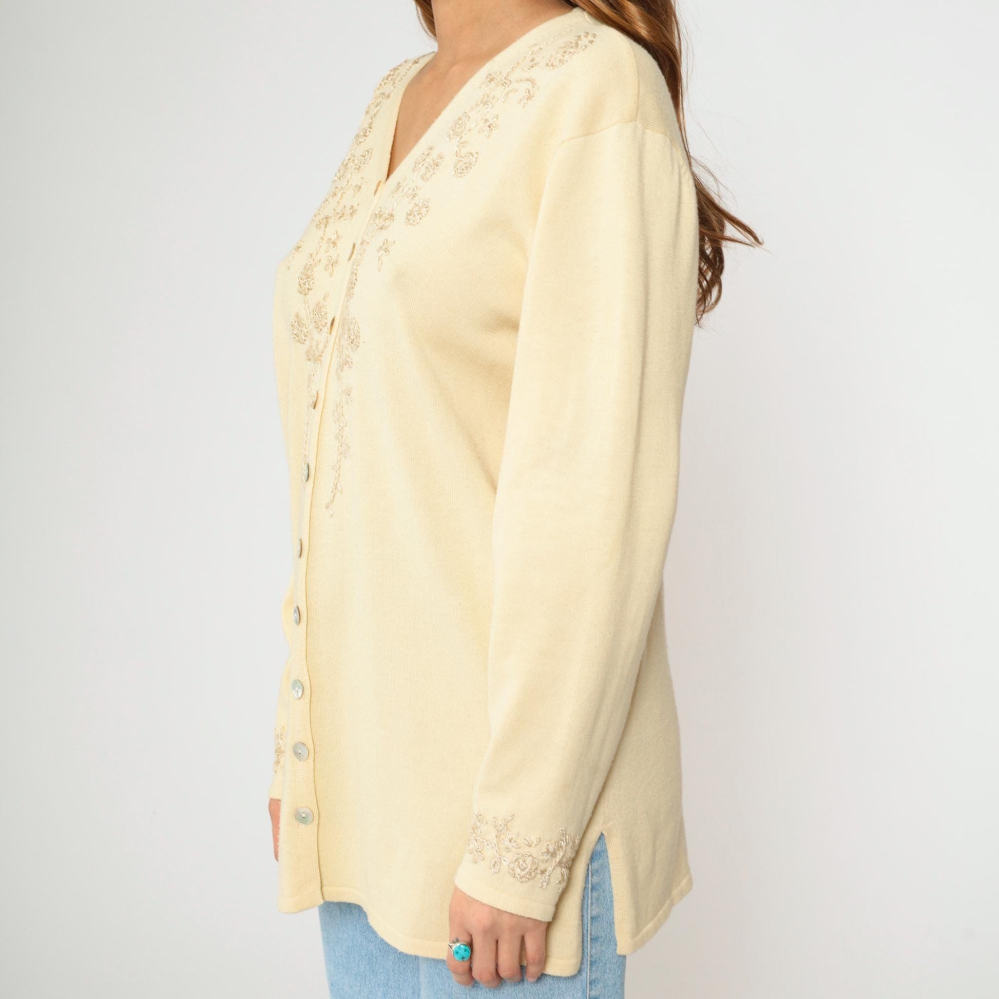 90s Cream Floral Embroidered Cardigan Sweater Longline V Neck Large L