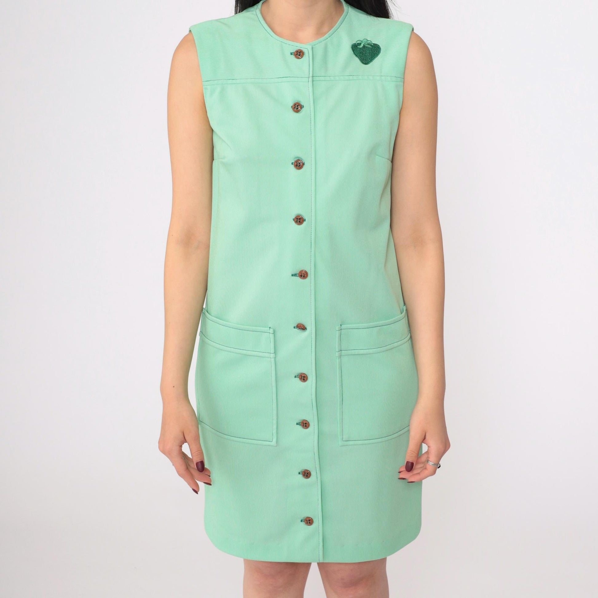 70s Mod Strawberry Shift Dress Green Mini Sleeveless Button Up Small