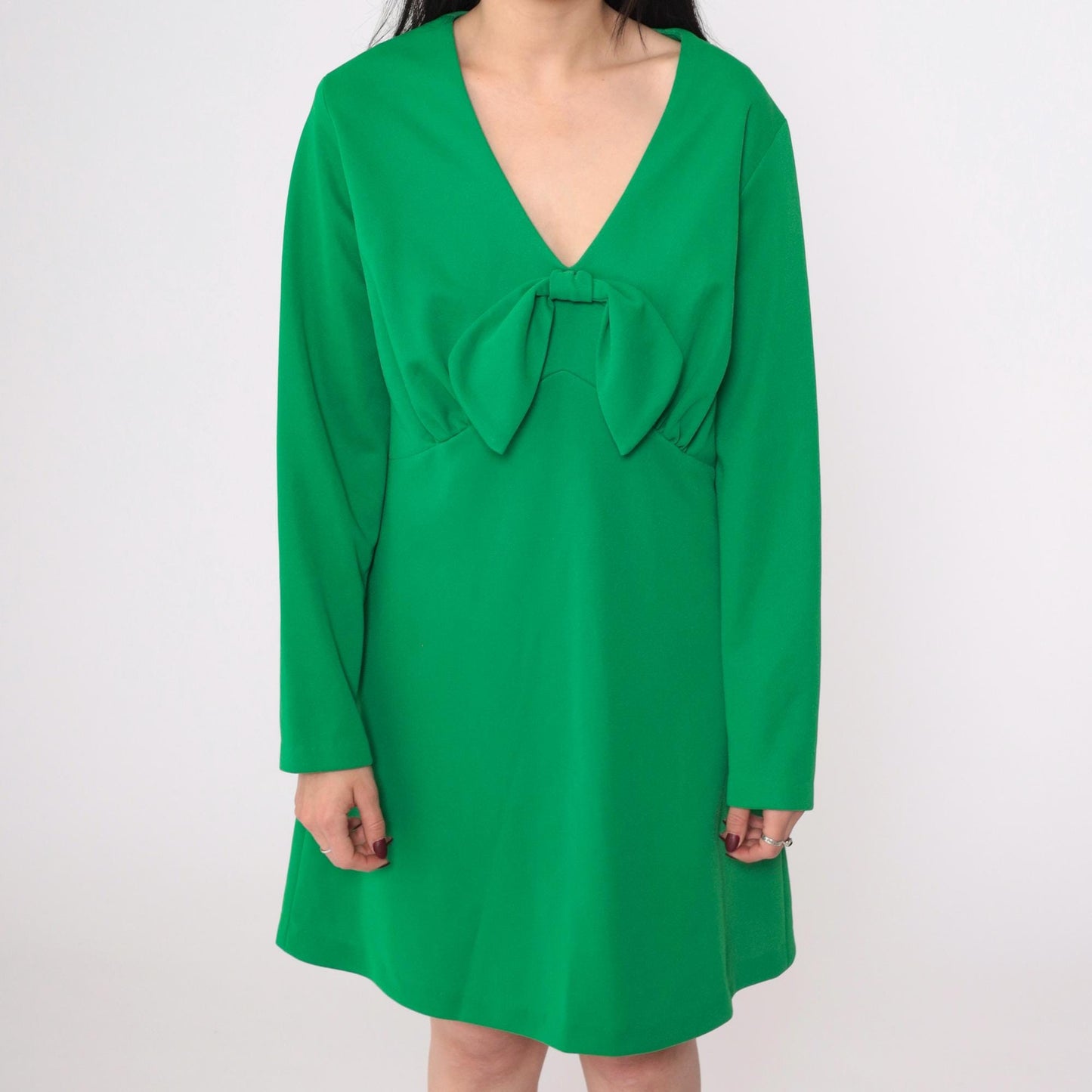 70s Green Babydoll Mini Dress Keyhole Back Empire Waist Long Sleeve Large
