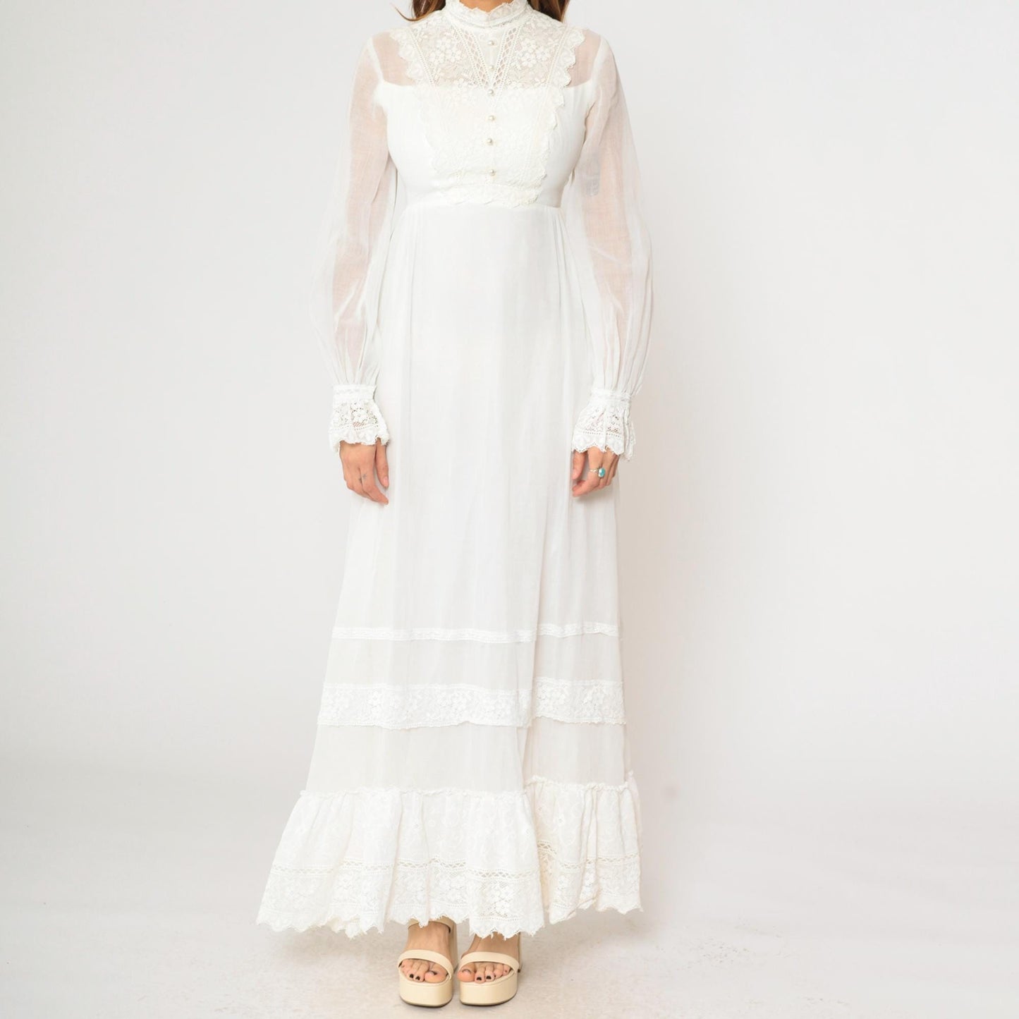 70s White Lace Wedding Dress Victorian Illusion Neckline Maxi Gown Small